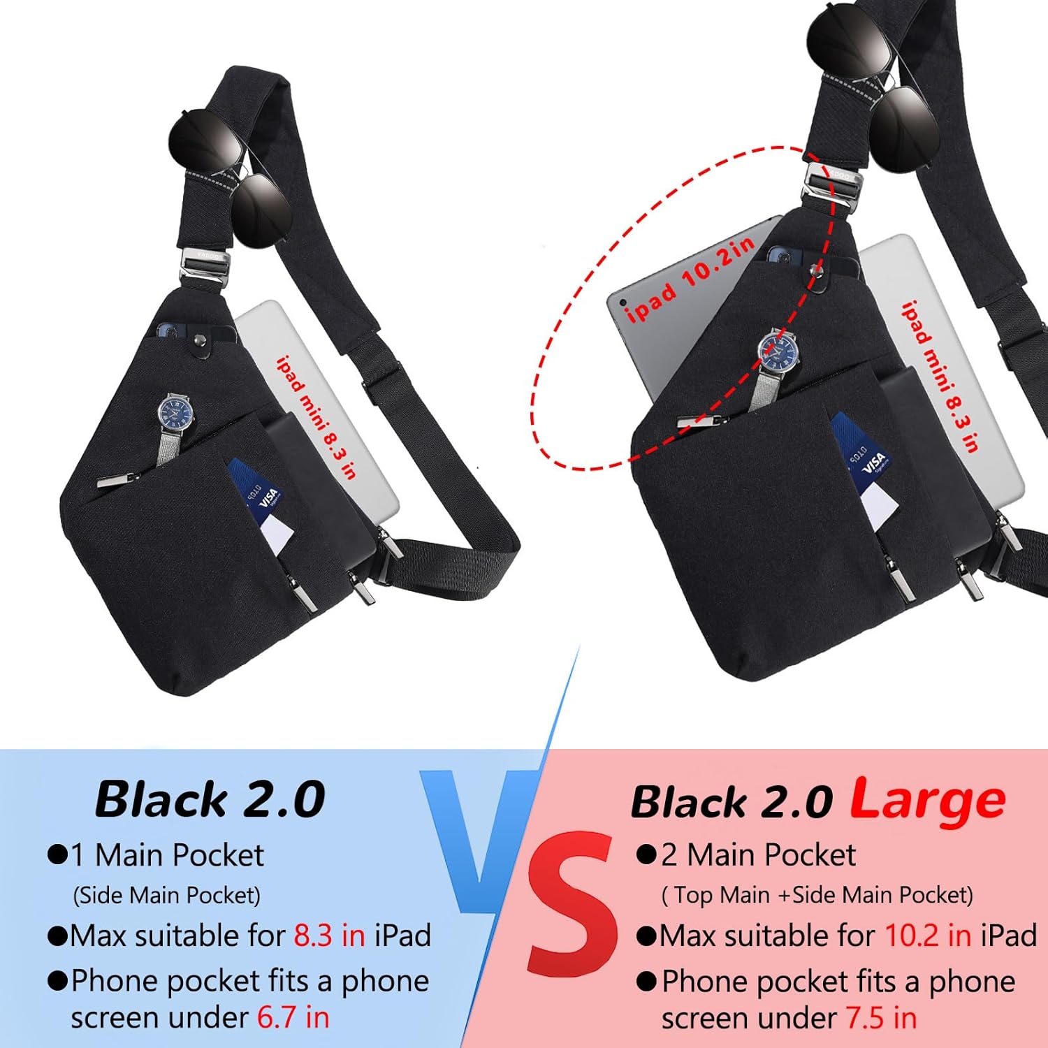 VADOO Anti-theft Sling Bag, RFID Blocking Crossbody Bag for Women and Men Lightweight Shoulder Chest for Travel Sport, Black 2.0, Large - Image 3