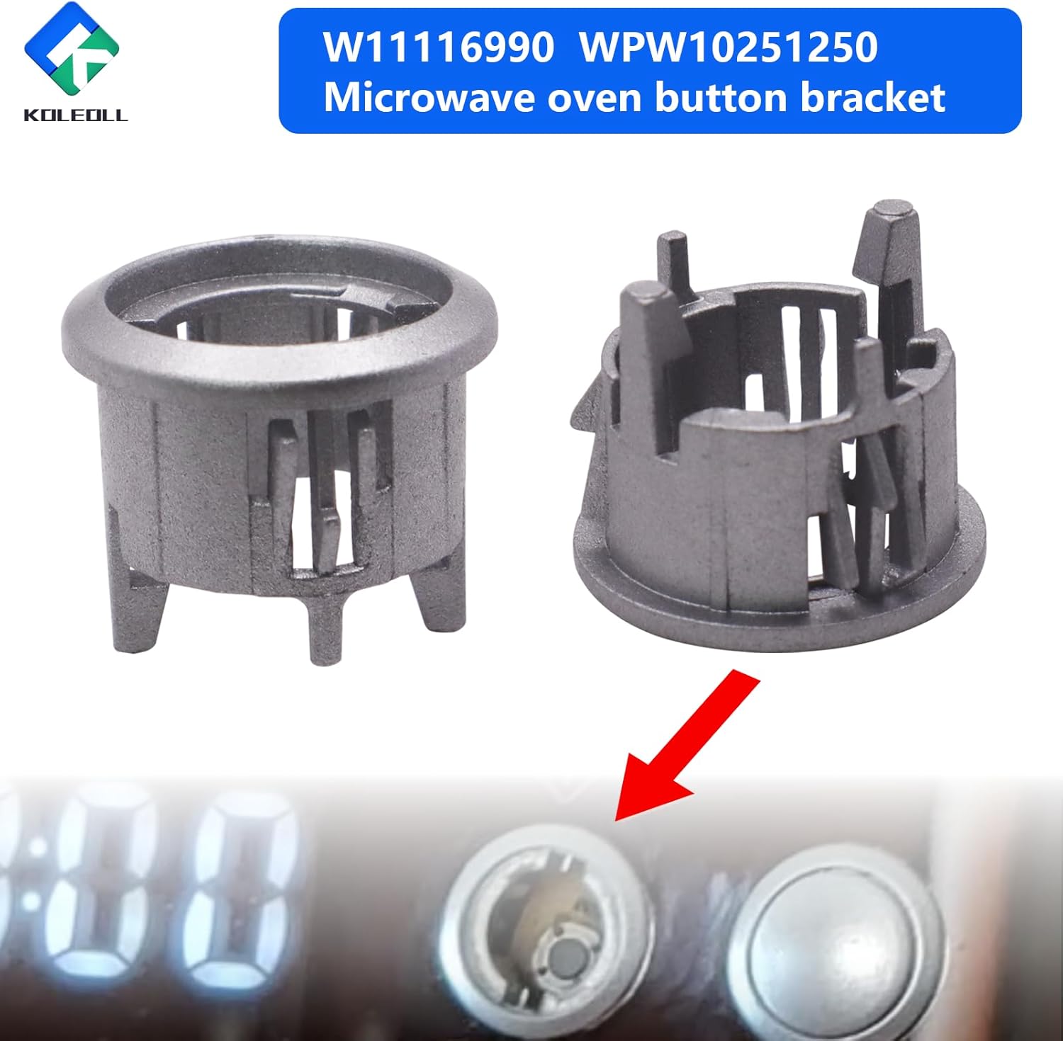 Two W11116990 button holders, one with an arrow pointing to a microwave button, indicating where the part fits.