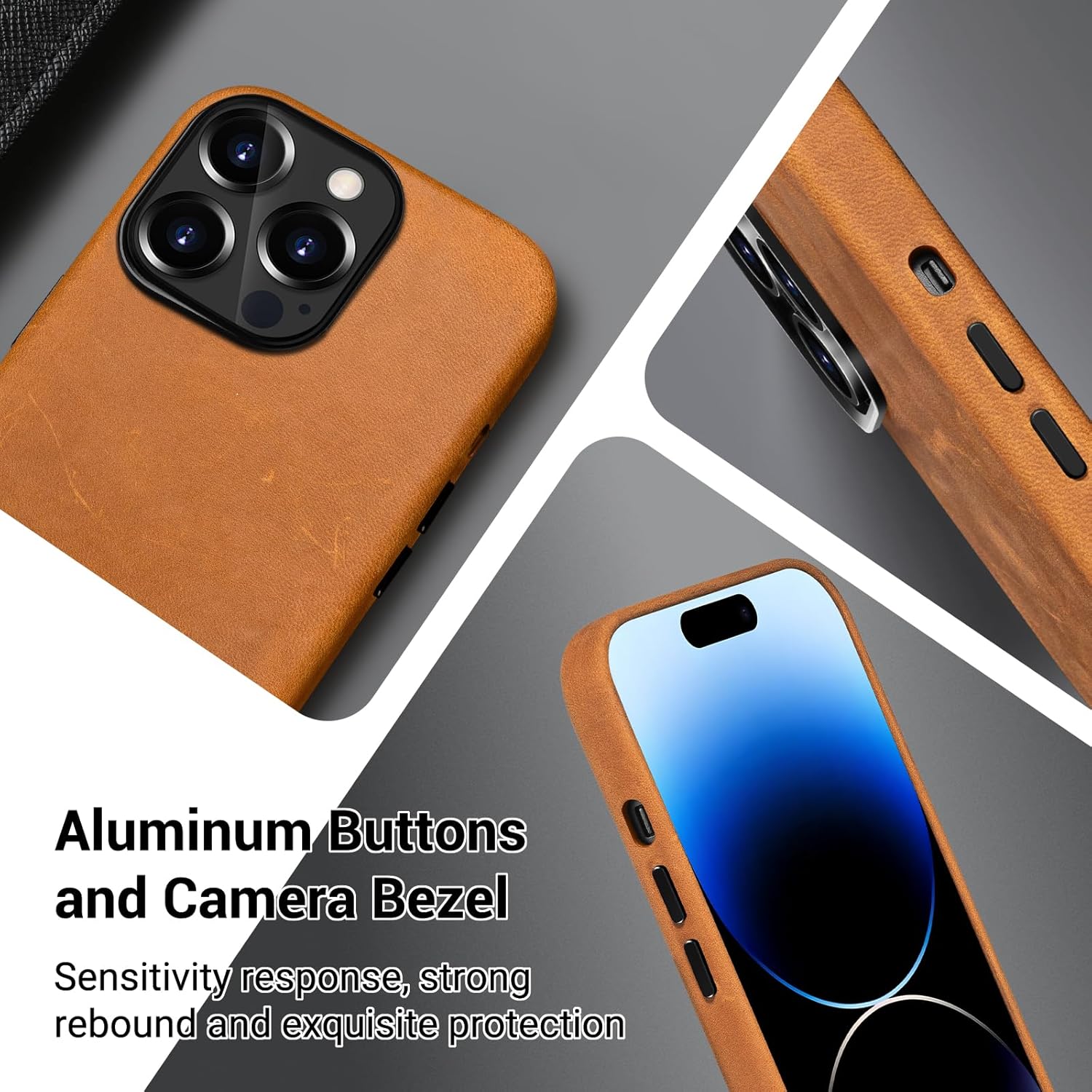 Belemay Compatible with iPhone 12 Pro Max Leather Case Magsafe-Top Grain Vintage Crazy Horse Leather-Metal Buttons Camera Bezel-Slim Fit-Precision Crafted Premium Phone Cover (6.7-inch)-Tan Brown - Image 3