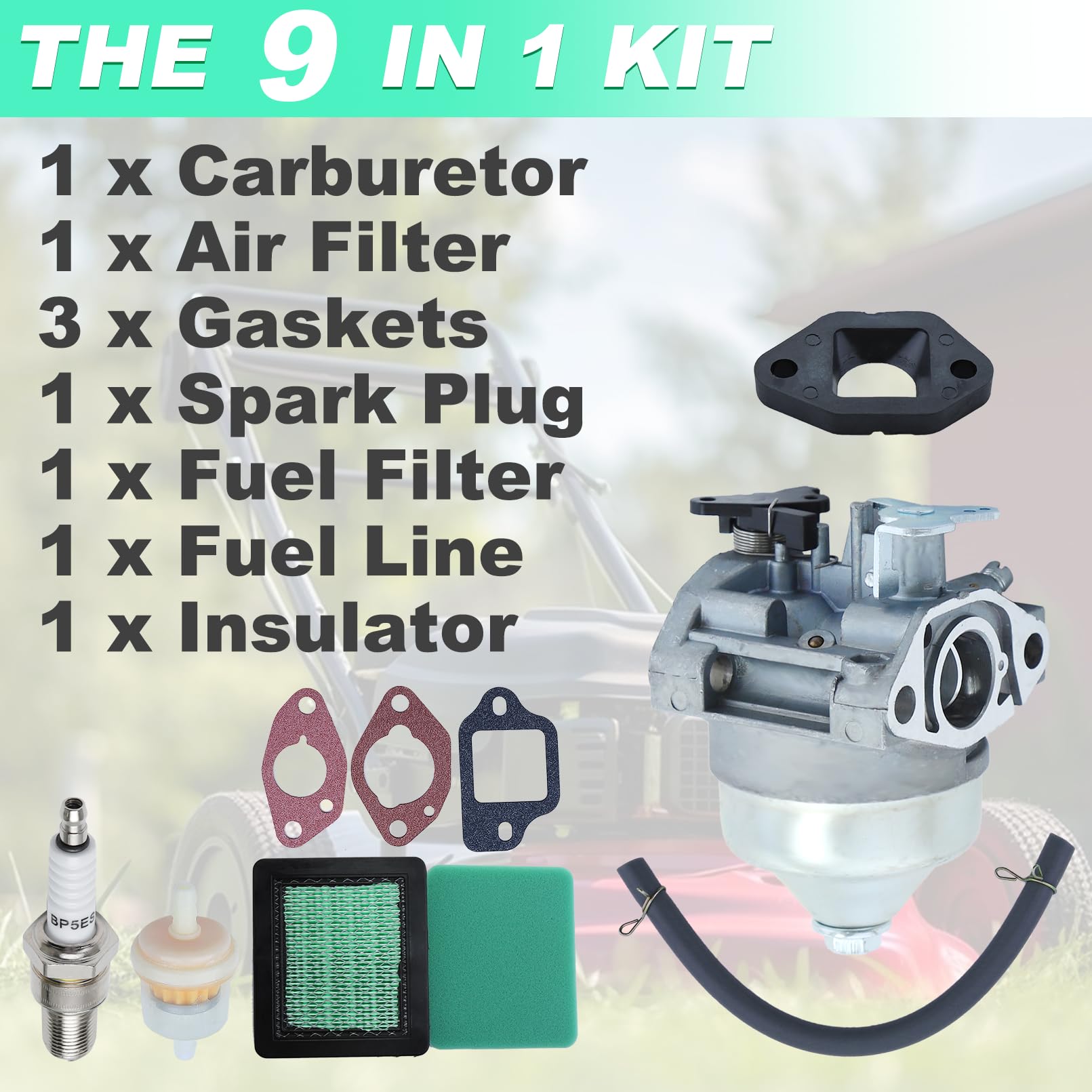 ADEFOL Kit de Carburador para Honda Motor GCV190 y Cortacésped HRB217 HRX217, Carburador + Filtro de Aire + Juntas + Bujía Accesorio Piezas de Repuesto Kit 9 en 1