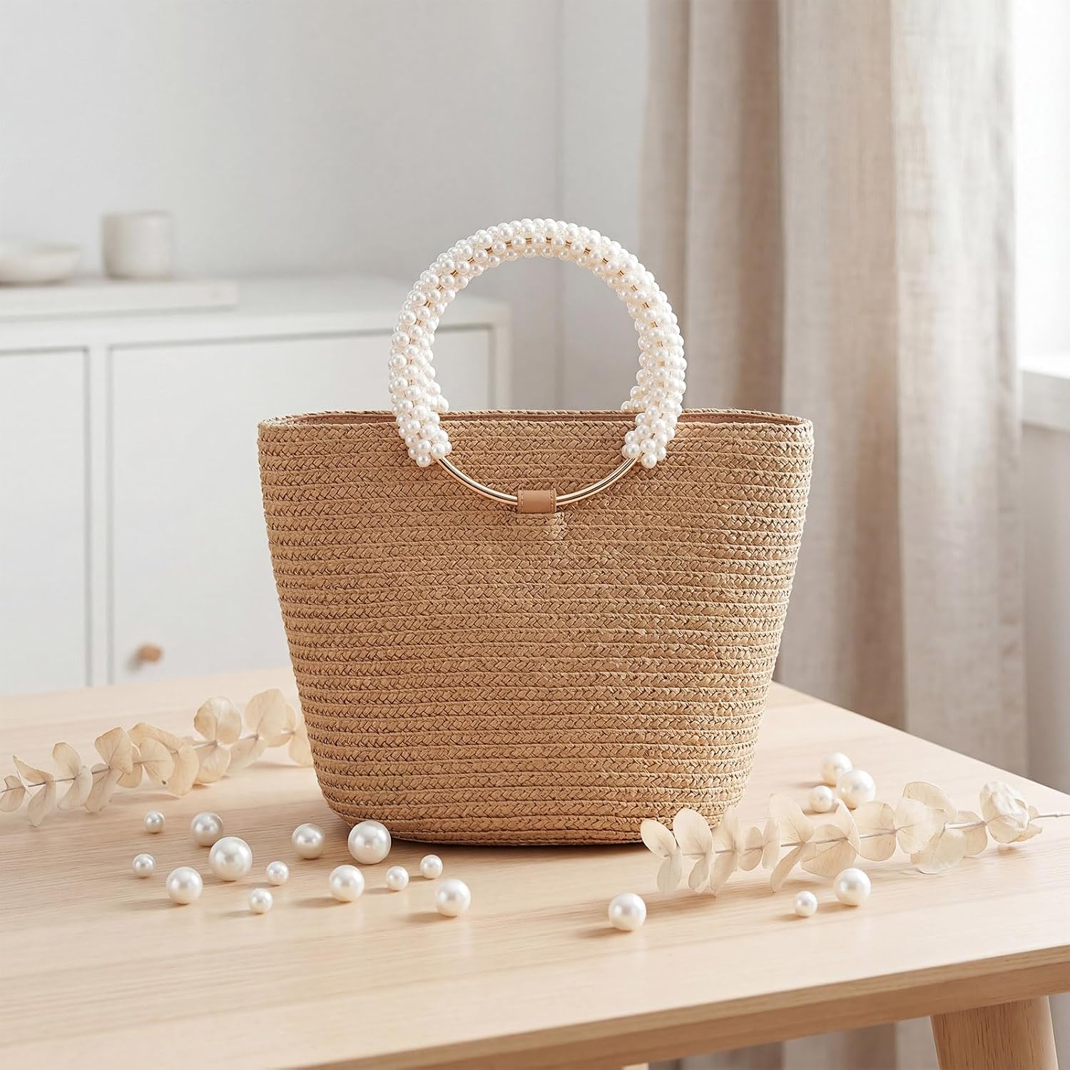 TXIN 2 Pieces Pearl Beaded Purse Handle, Imitation Pearl Decor Handbag Handle, Short Replacement Bag Chain Accessories with Golden Ring for DIY Handmade Woven Crochet Bag Purse Making Supplies (White)