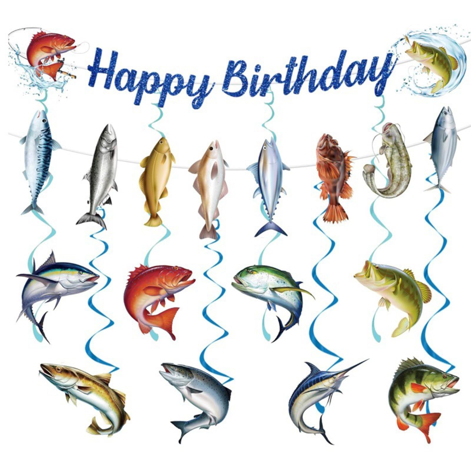 10Pcs Fishing Birthday Decorations Set, Happy Birthday Banner & Hanging Swirl Decorations, Fishing-Themed Party Decorations, Party Supplies for Birthday and Angling Themed Gathering