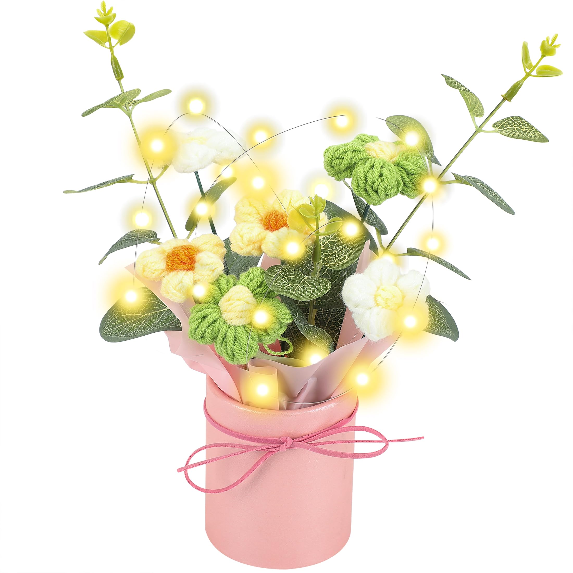 Pelizen Women's Yellow Crochet Flowers Bouquet, Crochet Bouquet Of Flowers, Handmade Daisy Artificial Flowers With Card For Wedding, Birthday, For (Yellow)