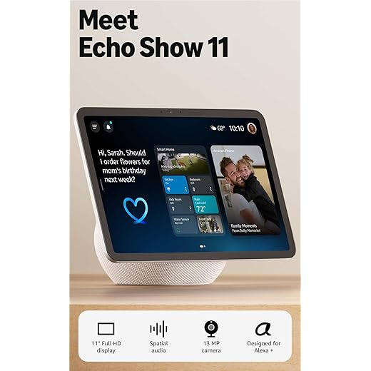 Amazon Echo Show 11 (newest model), Vibrant Full-HD 11" display with more viewing area and spatial audio, Designed for Alexa+, Glacier White