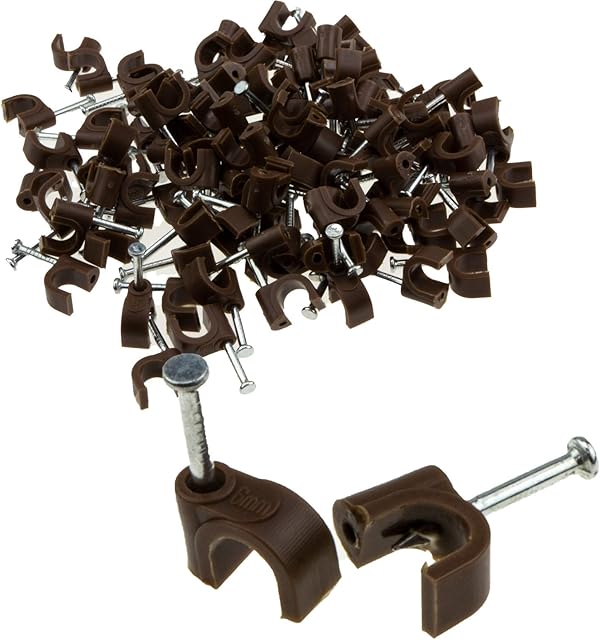 Round Brown 6mm Cable Clips Secure Fastenings Cables [100 Pack]