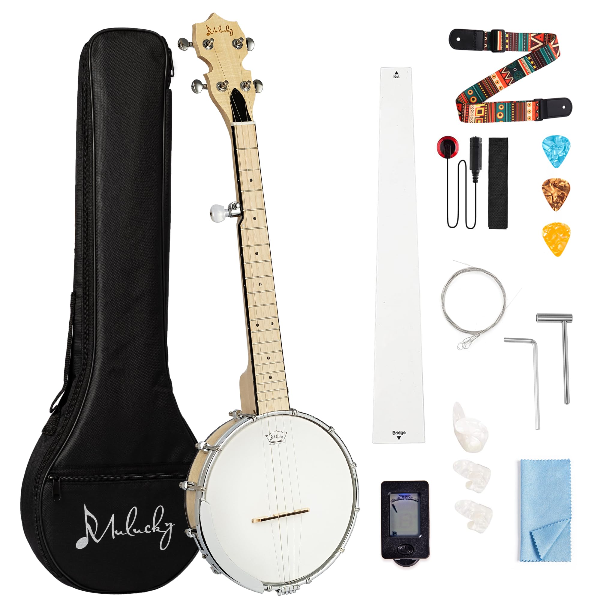 5 String Banjo Mini - Mulucky 26 Inch Travel Banjo Maple, Closed Solid Back Beginner Kit With Gig Bag Tuner Picks Strings Strap - B805
