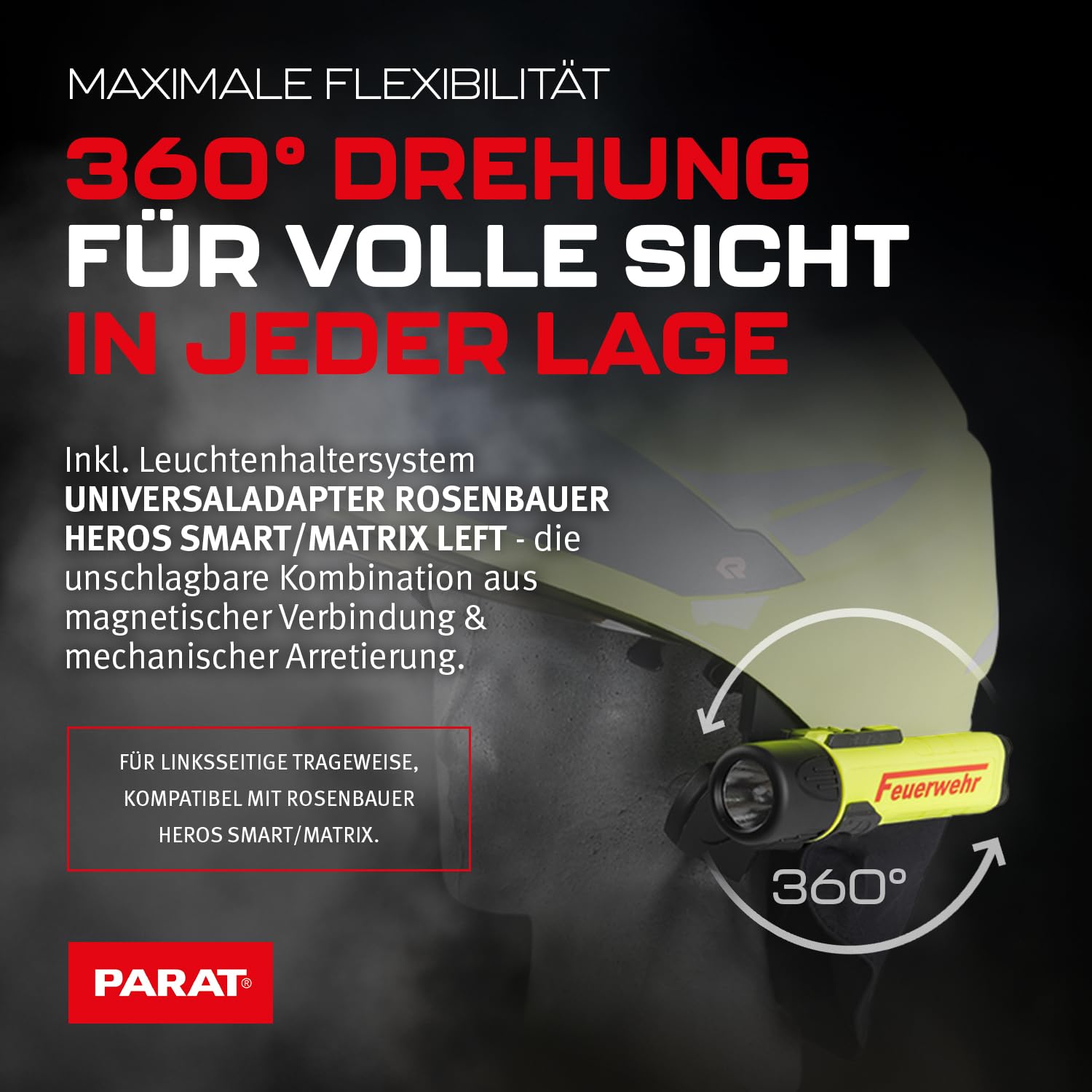 Parat PARALUX® PX1 FEUERWEHR Set für R.Heros Smart/Matrix Links | LED Arbeitsleuchte mit 120 Lumen | EX-geschützte LED Taschenlampe | Wasserdichte Helmlampe | inkl. Batterien, Adapter & Halterung