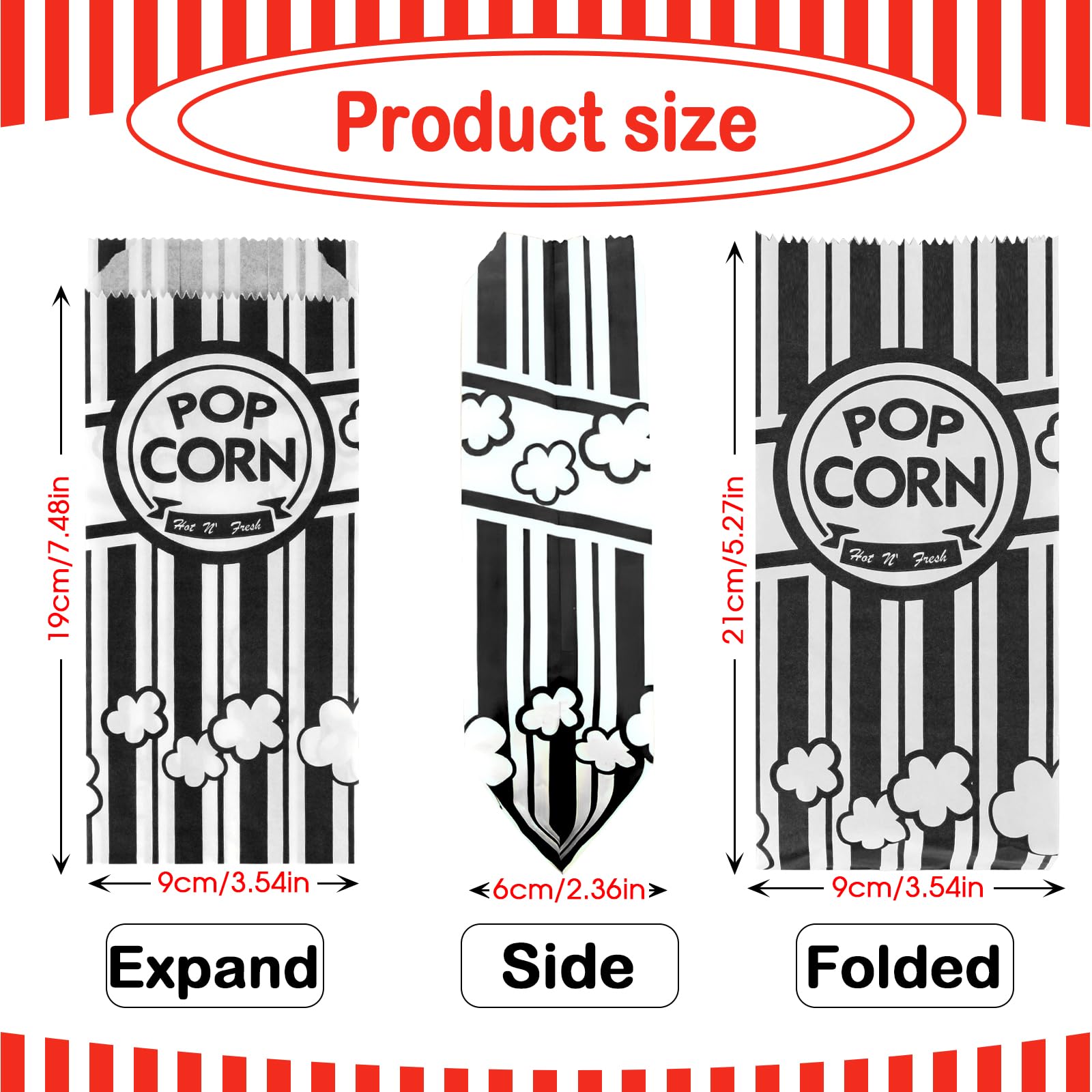 200pcs Bolsas para palomitas de maíz, 21*9*6cm bolsas palomitas papel con Revestimiento Resistente al Aceite, Clásica cajas palomitas Rayas para Cine Teatro Cumpleaños Fiestas Temáticas Noches de Cine