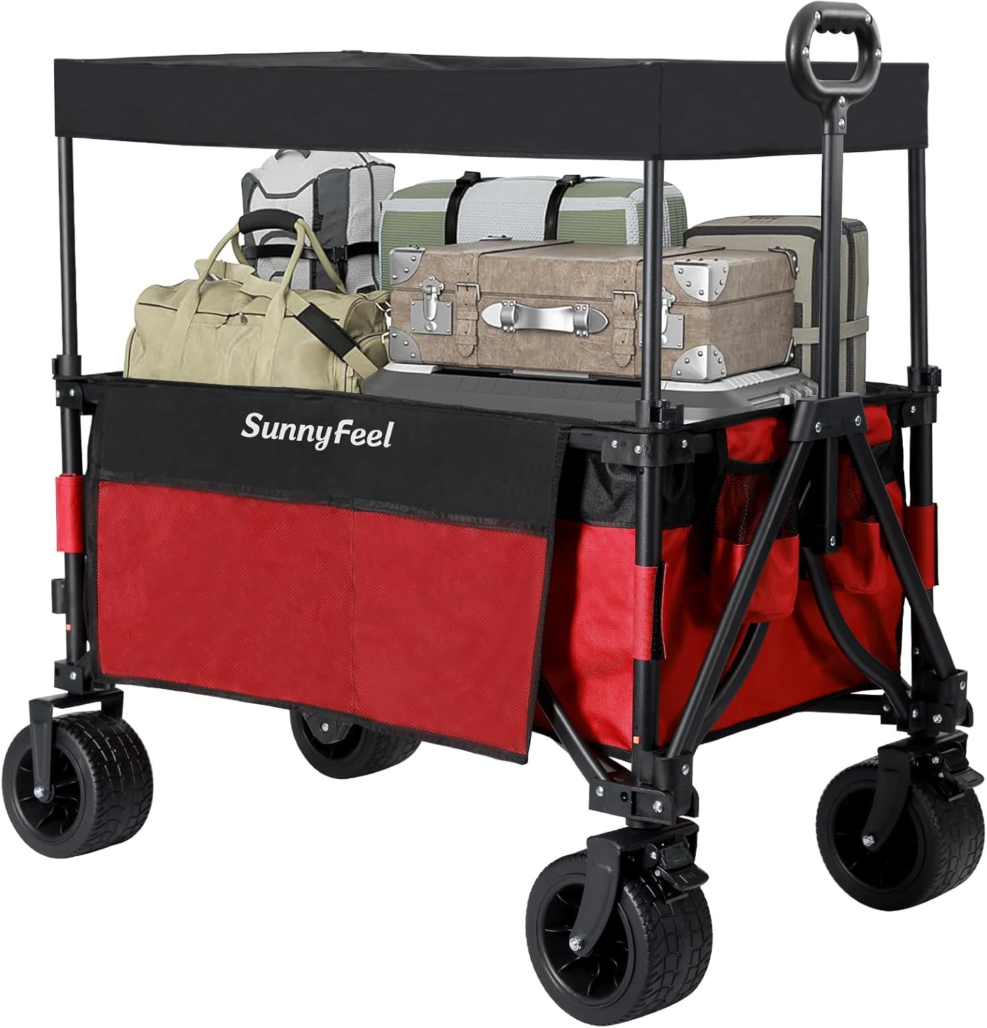 SUNNYFEEL 3 in 1 Wagon with Canopy 220lbs,230L Wagon Cart Foldable with 7'' All-Terrain PVC Wheel & Rear Hanging Shelf,Red
