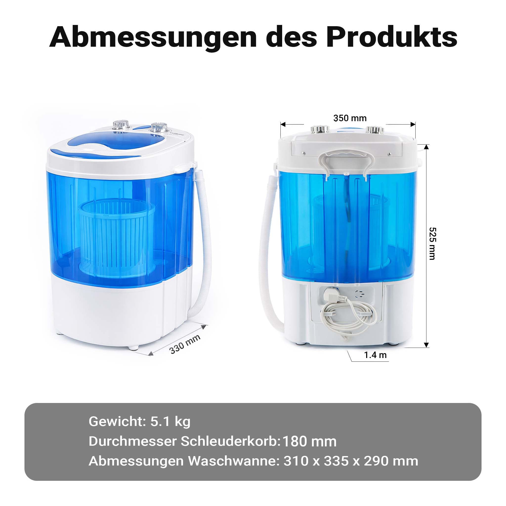 Wiltec Lavatrice da campeggio fino a 3,0 kg 150 W, mini lavatrice portatile 33 x 35 x 52,5 cm per lavaggio e centrifuga, ideale in viaggio, con timer