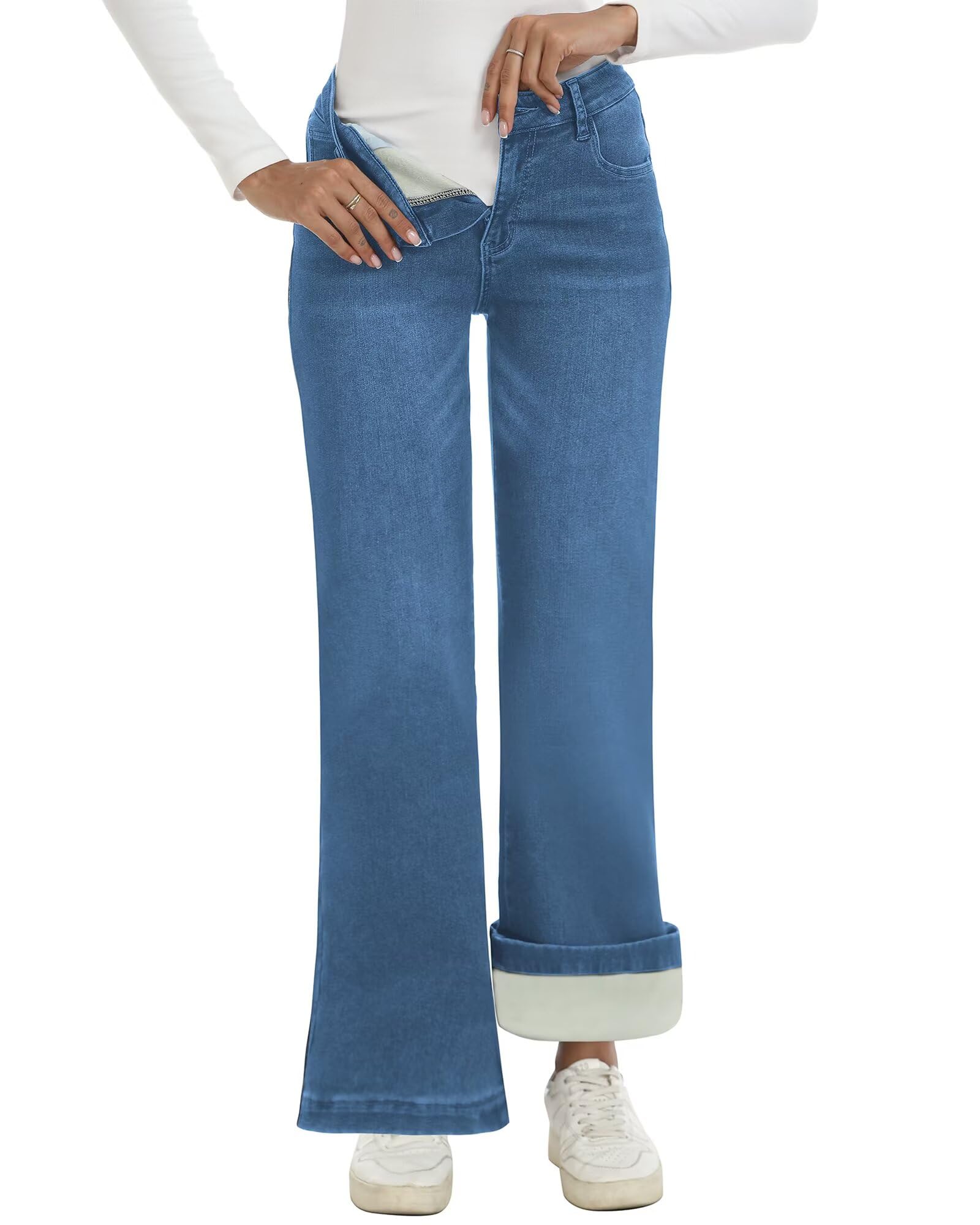 Fleece Lined Jeans High Rise Stretch Bell Bottom