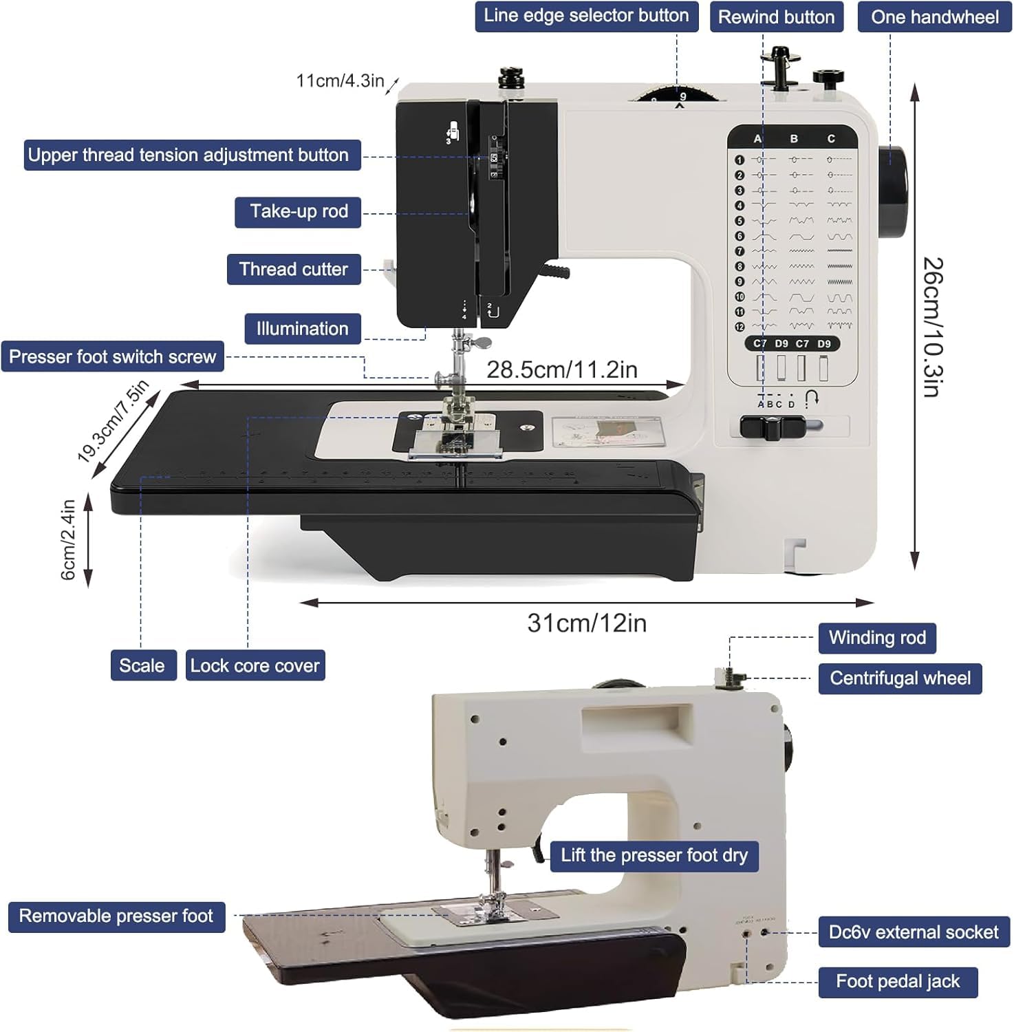 Máquina de Coser con mesa de extensión, Máquina De Coser Profesional, Máquina De Coser Portátil, máquina de coser para principiantes con 38 programas de costura de 2 velocidades, con accesorios