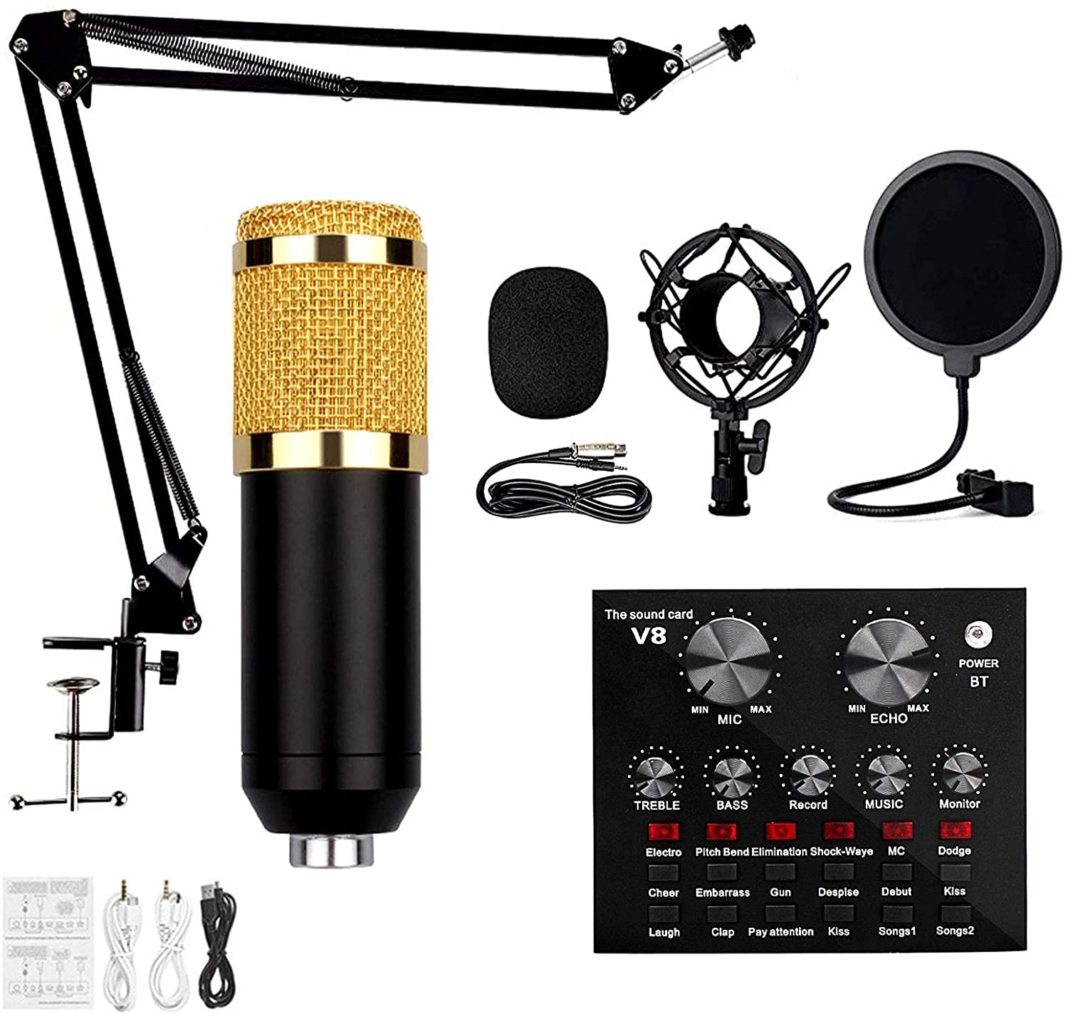 Kit Microfono a condensatore USB, Set di microfoni per Registrazione Professionale in Studio, Scheda Audio Live con Effetti e Cambia Voce, Mini Mixer Audio con più Effetti sonori e MICR