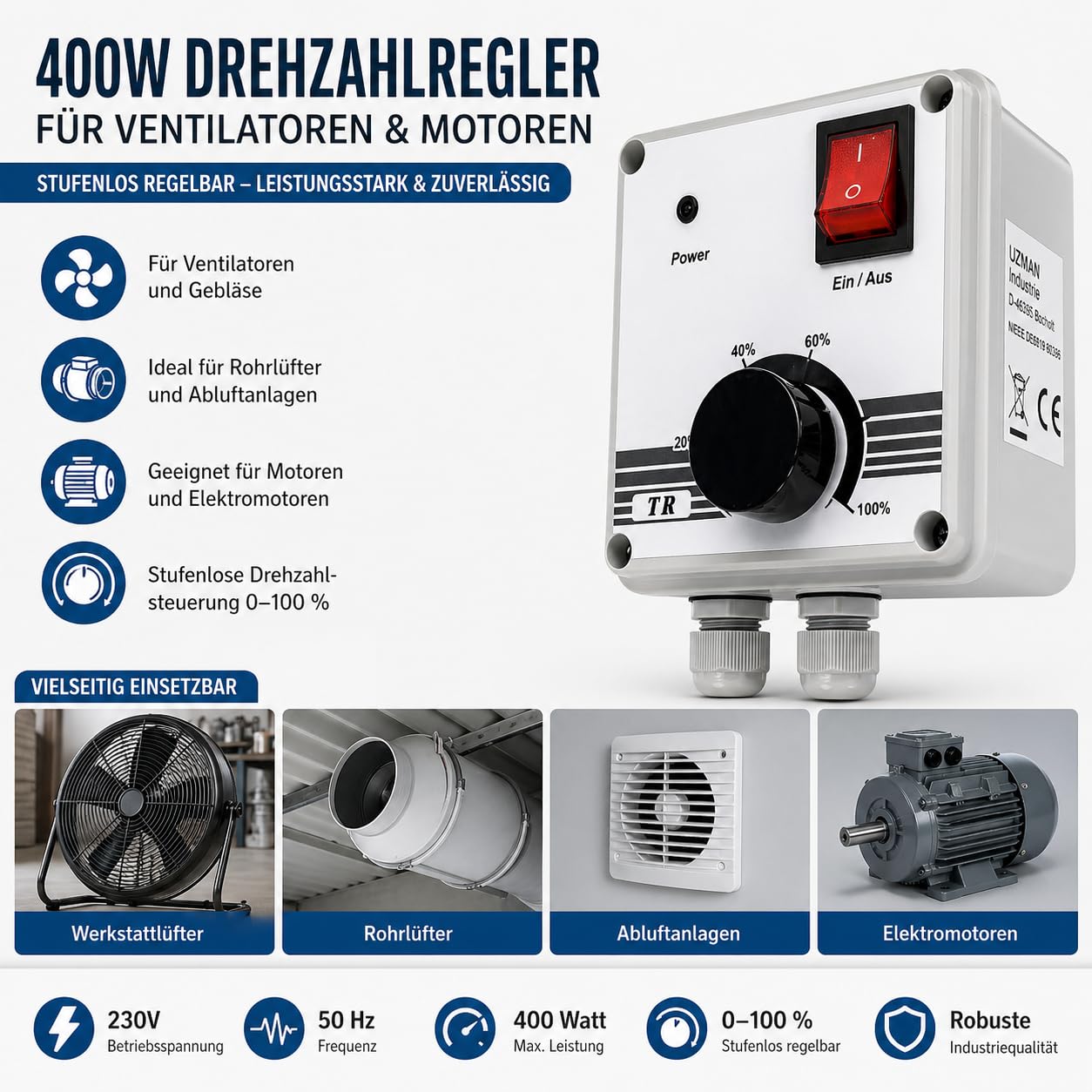 Regolatore di velocità industriale 400 Watt controllo del numero di giri per ventilatore, ventola, ventilatore, regolatore di tensione, motori elettrici, interruttore dimmer 230 Volt