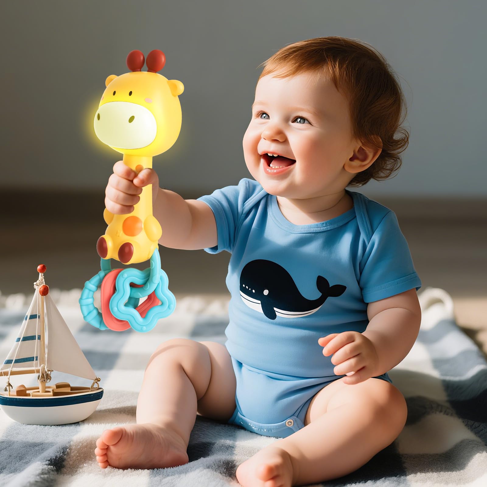 Juguetes para bebés de 6 a 12 a 18 meses, sonajero musical esencial para bebés, jirafa, juguete sensorial para masticar, regalo de primer cumpleaños para niños de 6 a 18 meses, niños y niñas de 1 año 7