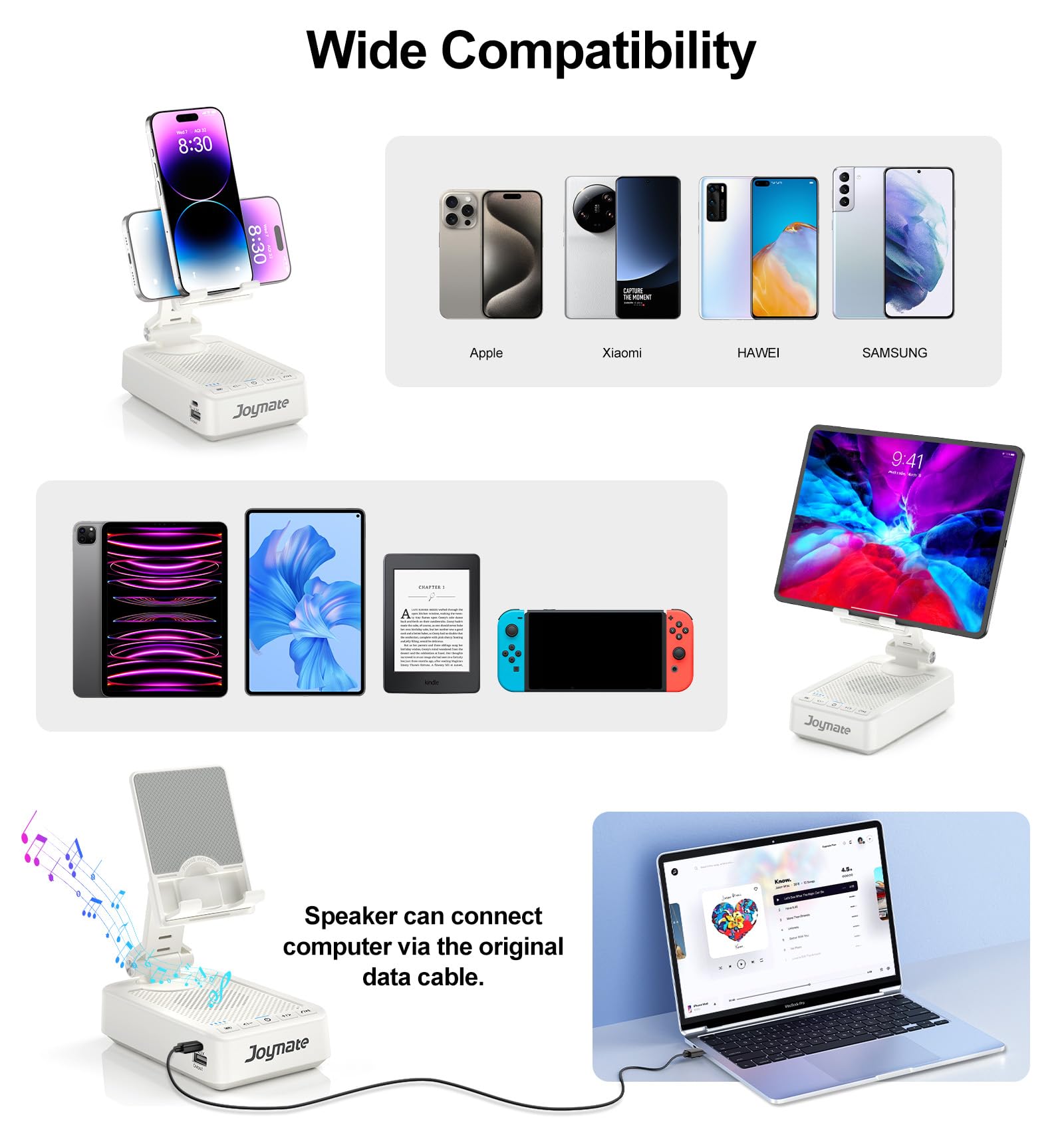 Supporto per telefono cellulare con funzione di ricarica, girevole a 360°, regolabile, suono surround HD, per scrivania, adatto a tutti i telefoni e tablet (bianco)