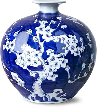 Dahlia Blue and White Vase, Handmade Chinese Porcelain Flower Vase, Peach Blossom, Pomegranate Shape 10 Inches