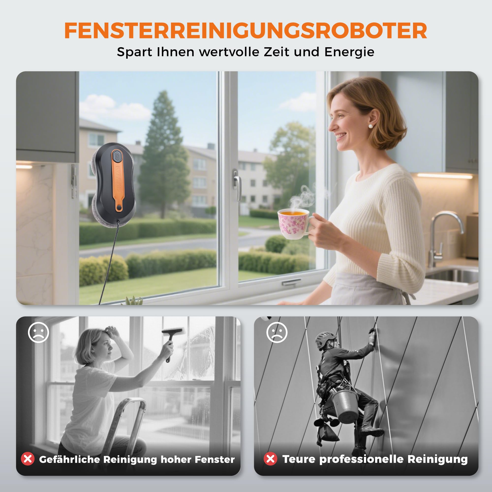 FRUITEAM Automatischer Fensterputzroboter mit zweiseitiger Zerstäubung, App- und Fernbedienung, intelligenter Wegerkennung, dreifaches Absturzsicherheitssystem, geeignet für Fenster, Glas und Türen
