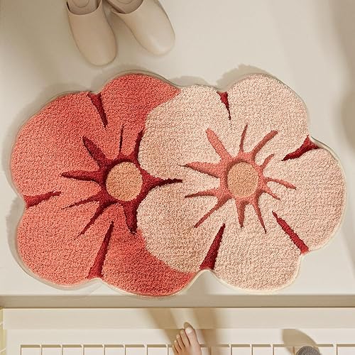 Alfombra de baño peluda con diseño floral de color rosa doble, tapete de baño de forma irregular, absorbente de agua, flores de microfibra
