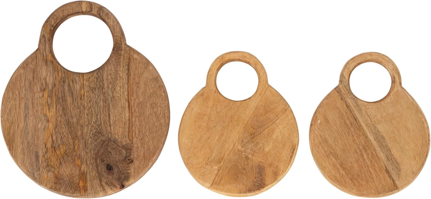 Creative Co-Op 3-Piece Round Mango Wood Cutting Boards in Various Sizes with Stand, Natural