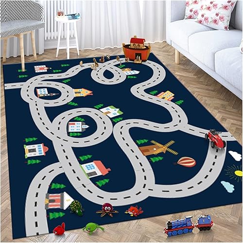 Car Rugs Play Mat, Parking Lot Floor Mat Non-Slip Crawling Mat Game Carpet City Roads Traffic Track Carpet Fun Educational Playmat for Playroom