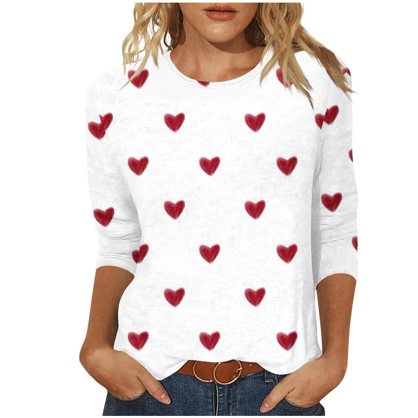 Valentines Shirts for Women Cute Love Heart Print Blouses Shirt 3/4 Sleeve Casual Fashion Tunic Tops