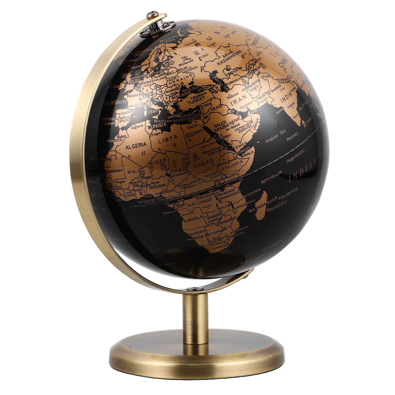 Globe terrestre noir et or 14 cm avec support en cuivre style antique