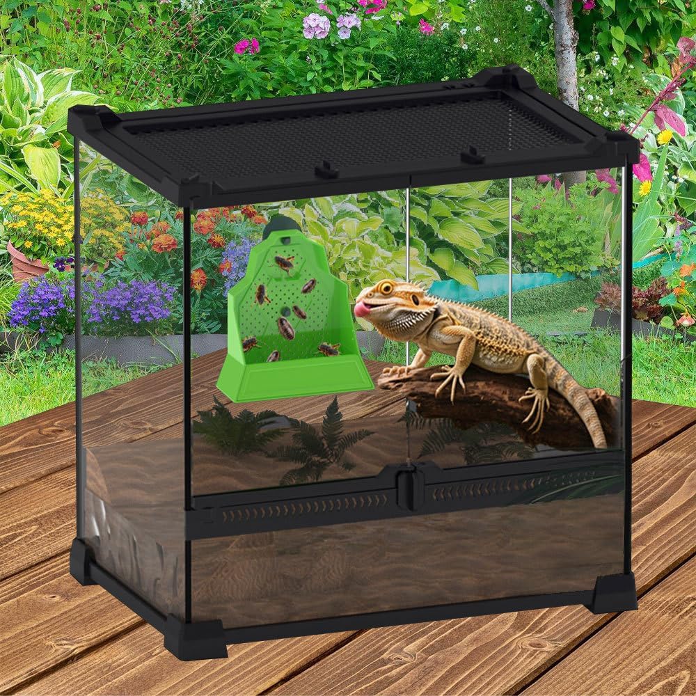 Reptile Bug Feed Bowl, Suction Cup Hanger Escapeproof Bugs Feeder Box with Ventilation Holes, Wall-Mounted Hunting Food Bowl for Lizard Bearded Dragon Frog