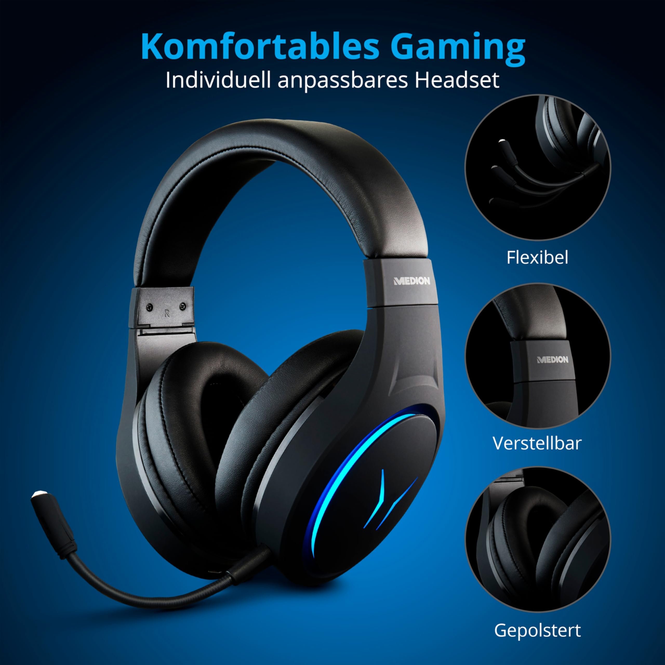 MEDION ERAZER Mage X10 Casque Gaming Sans Fil (Éclairage RGB, Batterie Intégrée, Micro Intégré, Over Ear, USB, 3,5 Mm), MD88980