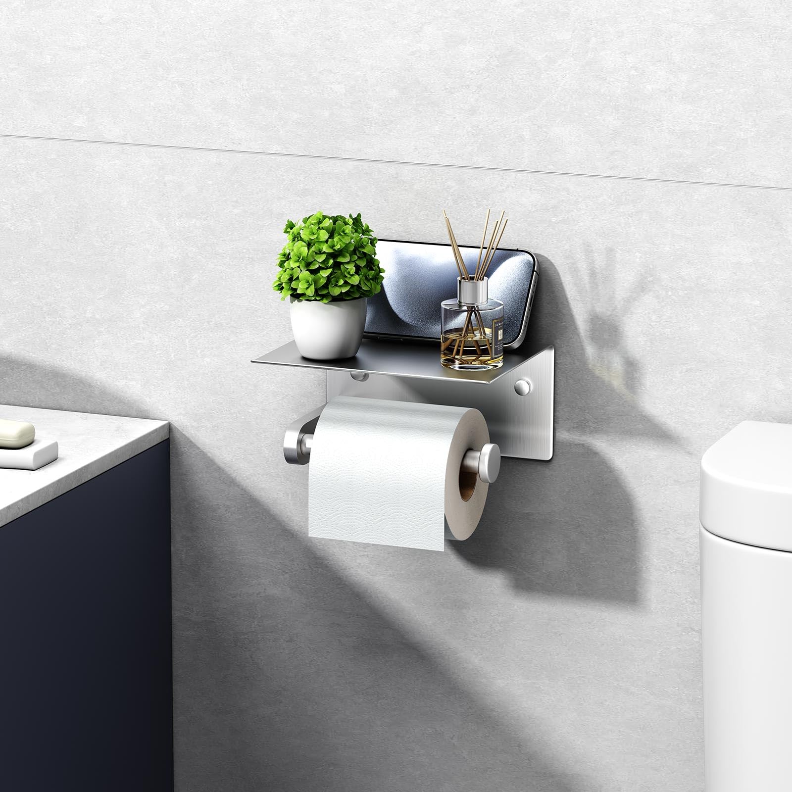 Soporte de papel higiénico de níquel cepillado, soporte de rollo de papel higiénico de acero inoxidable SUS 304 con estante, montado en la pared 3