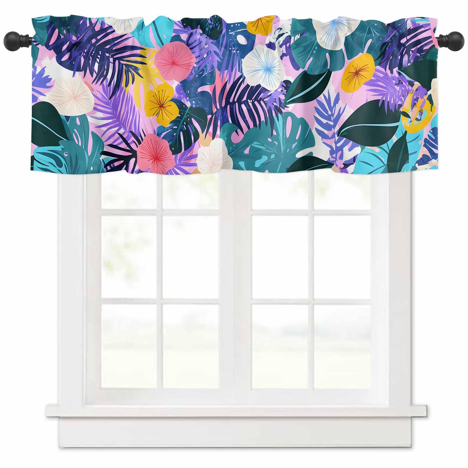 Valances for Windows, Tropical Leaf Light Filtering Window Valance Curtains for Living Room/Bedroom, Purple Palm Plant Summer Flower Pastoral Privacy Kitchen Curtains 42" W x 12" L