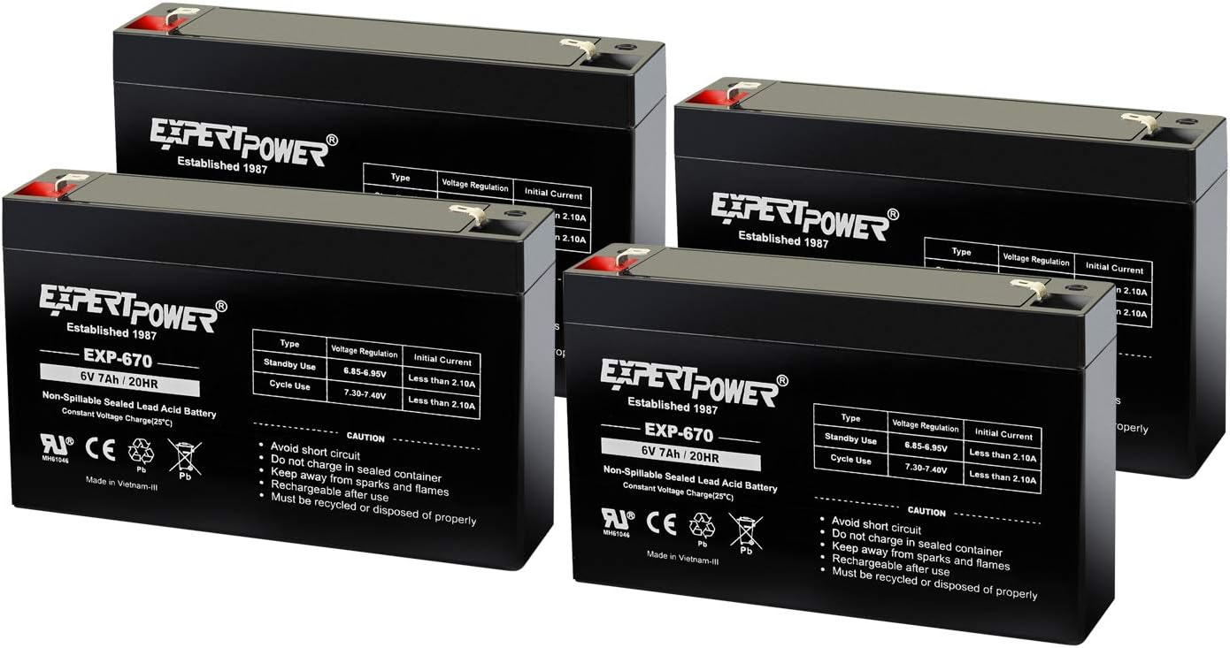 ExpertPower EXP670 (4 Pack) - 6V 7Ah Rechargeable 6V Battery for Ride On Toys, Emergency Light, Replacement for PEA6V65F3, Enduring 3FM7, UB670 Sealed Lead Acid (SLA) 6 Volt Battery with F1 Terminal