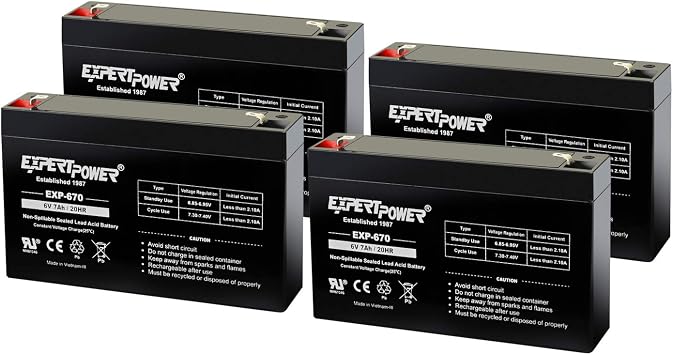 ExpertPower EXP670 4 Pack - 6V 7Ah Rechargeable 6V Battery for Ride On Toys, Emergency Light, Replacement for PEA6V65F3, Enduring 3FM7, UB670 Sealed Lead Acid SLA 6 Volt Battery with F1 Terminal