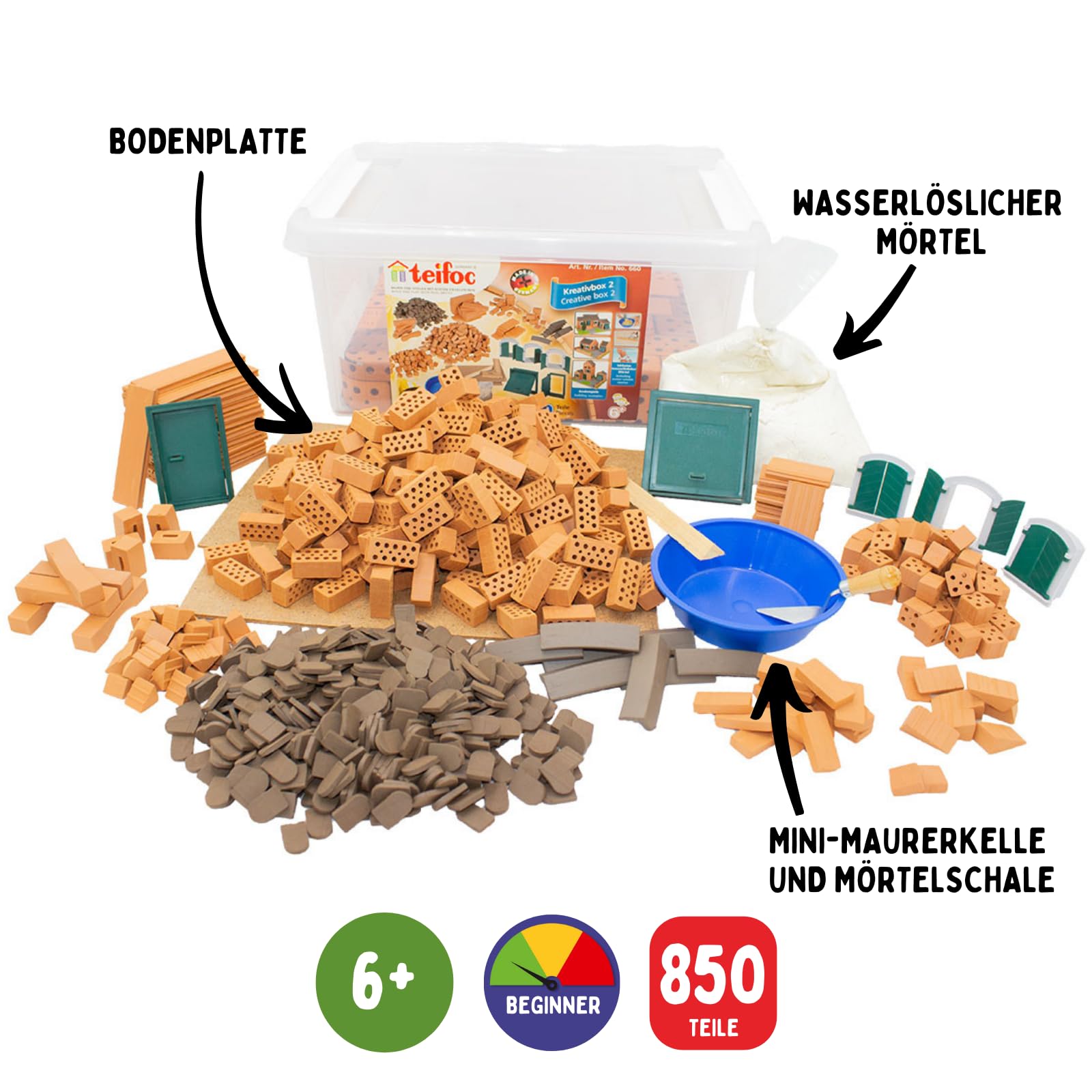 Teifoc Kreativbaukasten - Steinbaukasten 660, mit 850 Mini Ziegelsteinen | Für DIY Projekte, Bastelset für Kinder ab 6 7 8 Jahren und Erwachsene, Kreativspielzeug, Bastelset, Set mit Bastelmörtel