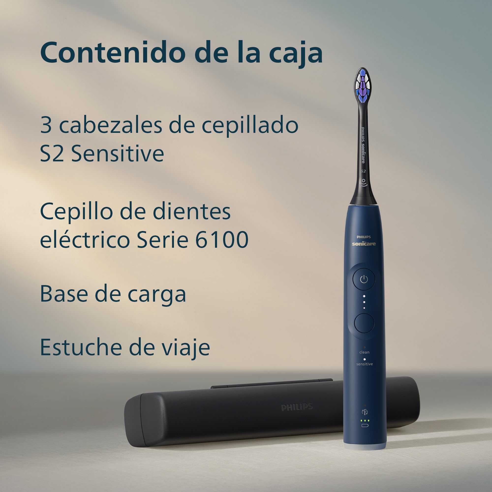 Cepillo eléctrico Philips Sonicare Serie 6100 - Tecnología Next Generation, sensor de presión, 6 ajustes, SmarTimer, BrushPacer, 21 días de autonomía, estuche de viaje, azul marino, HX7403/07
