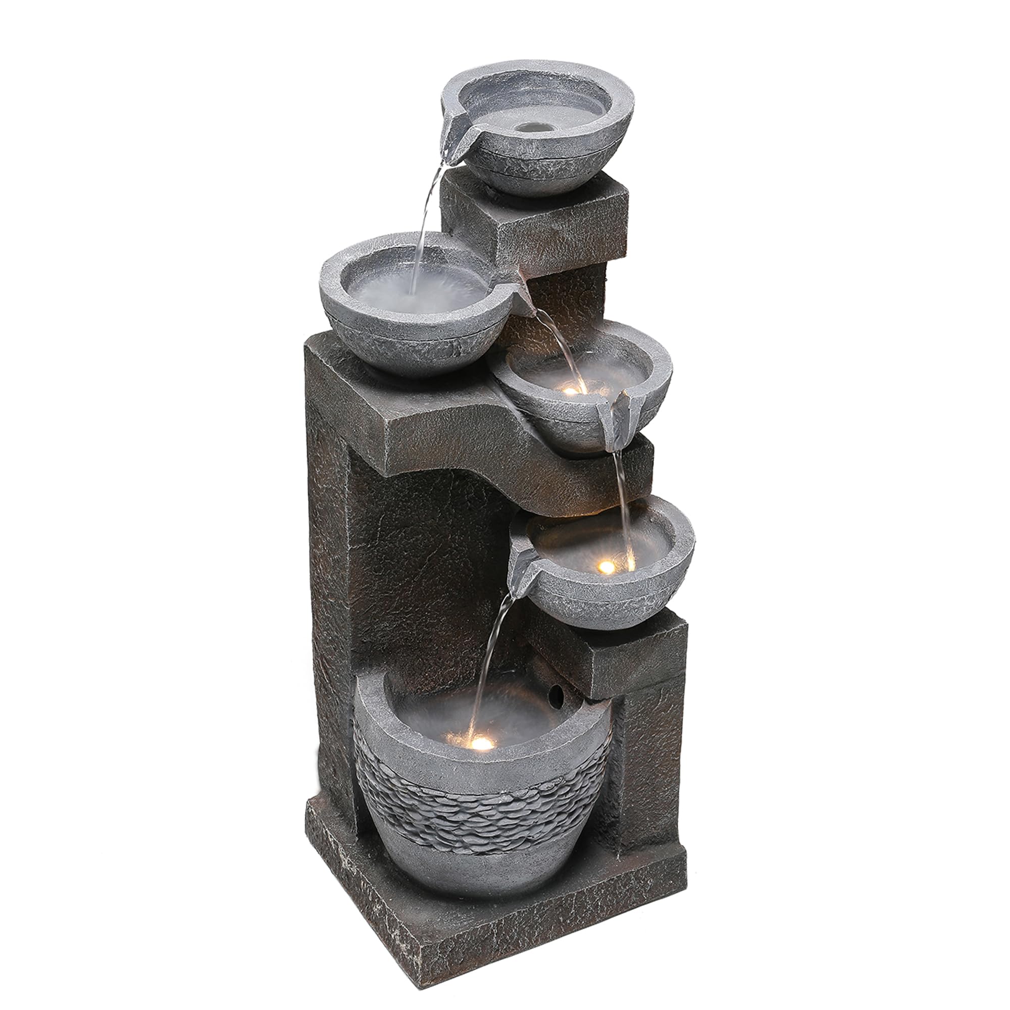 Fuente de Agua para Jardín y Exteriores, Fuente de Jardín con Iluminación LED, Cascada de 5 Niveles para Patio, Fuente Decorativa con Bombas, Decoración de Interior para Terraza, Gris
