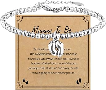 BENIFILE Mum to Be Gifts - Silver Bracelet for Women, Little Foot Charm & Greeting Card