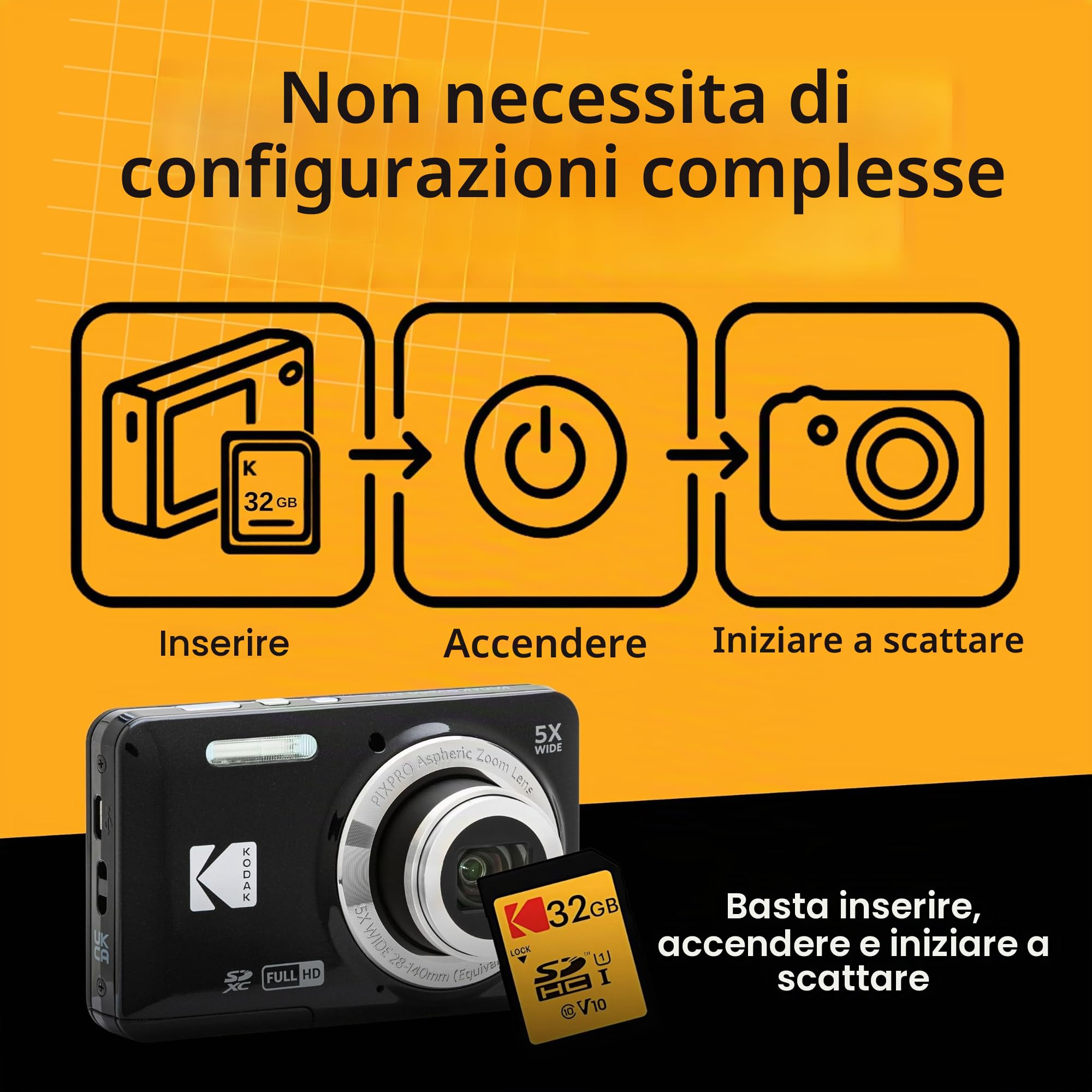 Set fotocamera digitale con fotocamera digitale compatta Kodak Pixpro FZ55, scheda SD da 32 GB e panno per la pulizia Clikoze