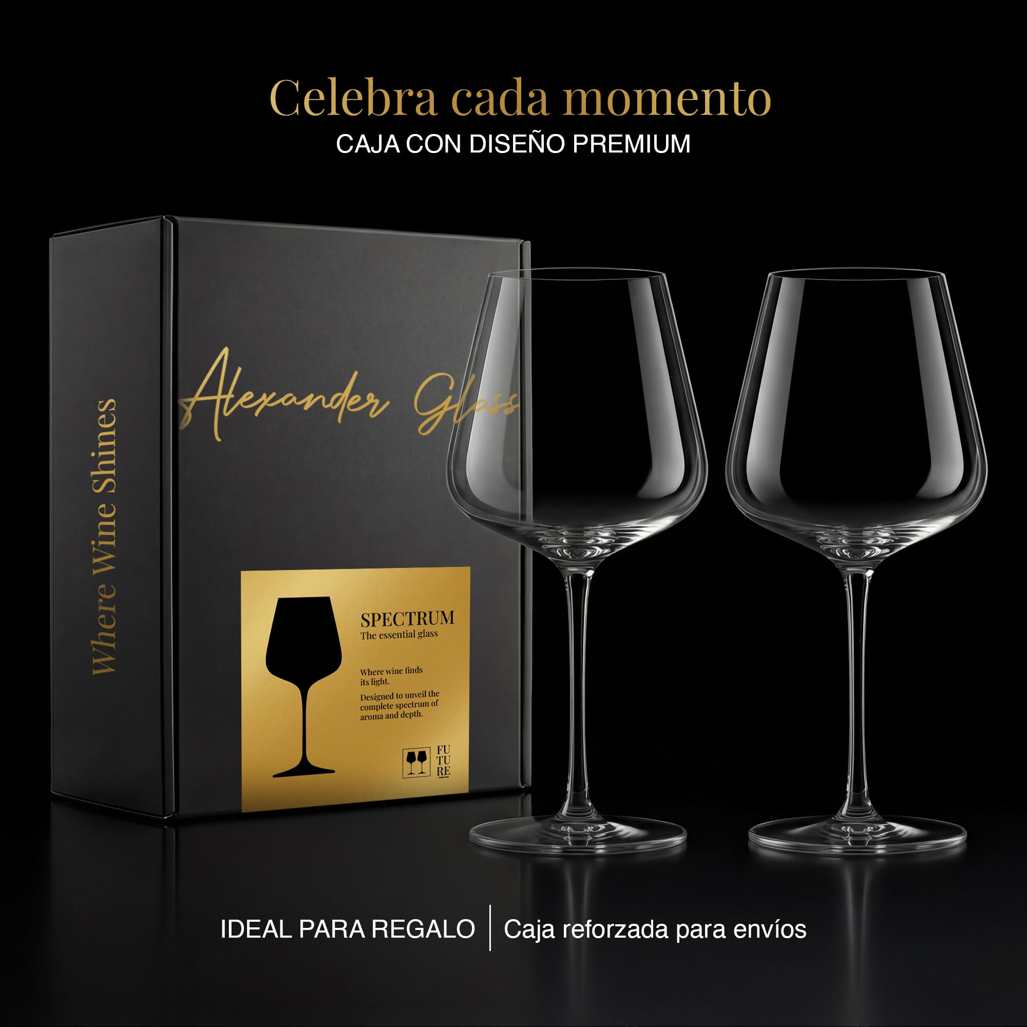 Alexander Glass Set 2 Copas de Vino Tinto Sopladas a Mano 670 ml | Copa SPECTRUM Future Collection Ultraligera Cáliz Amplio Burdeos Cabernet | Caja Premium Regalo y Envío Seguro