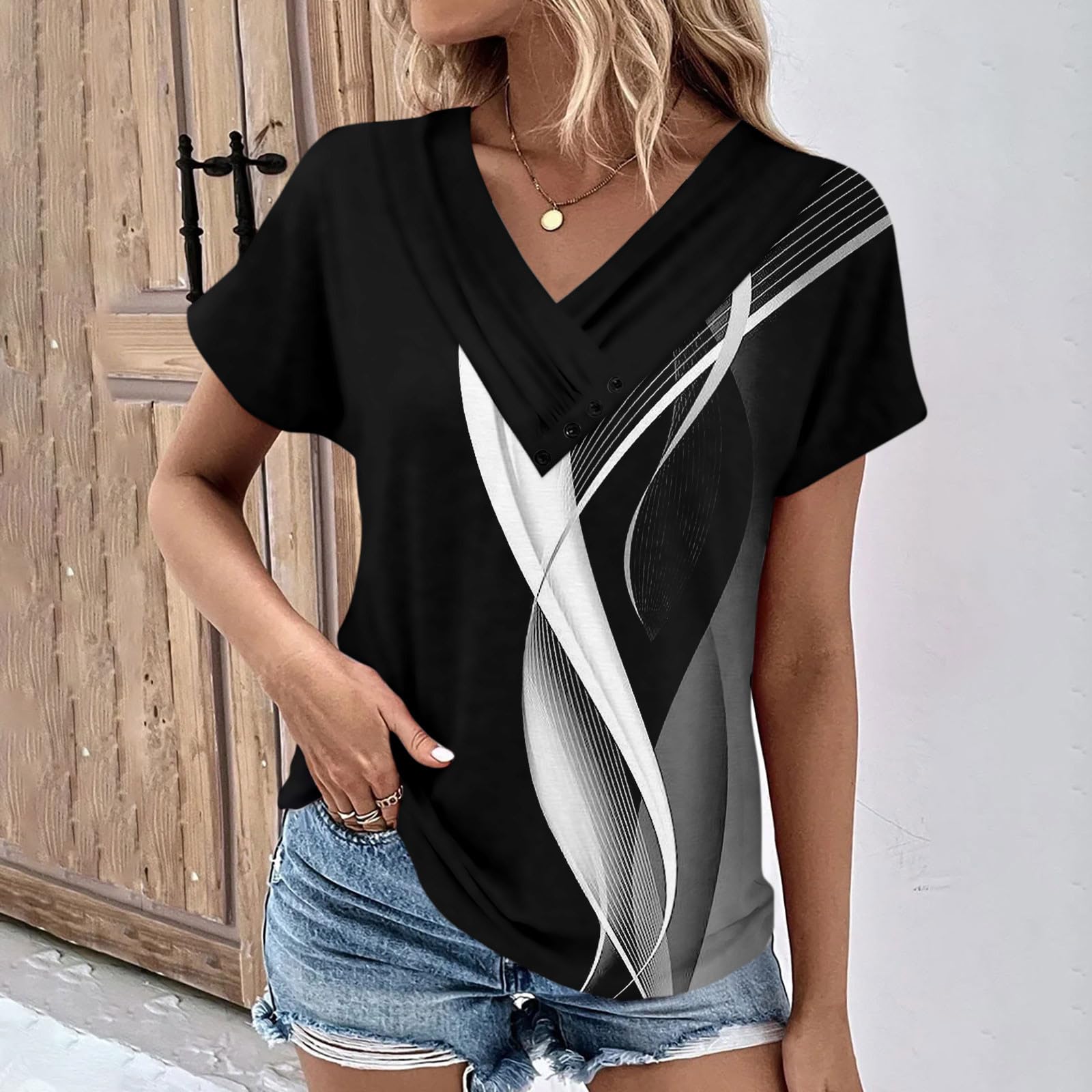 Camicette da donna a maniche corte primaverili eleganti casual vestibilità ampia magliette con bottoni decorazione estiva tinta unita tunica top, Bb-nero, XX-Large