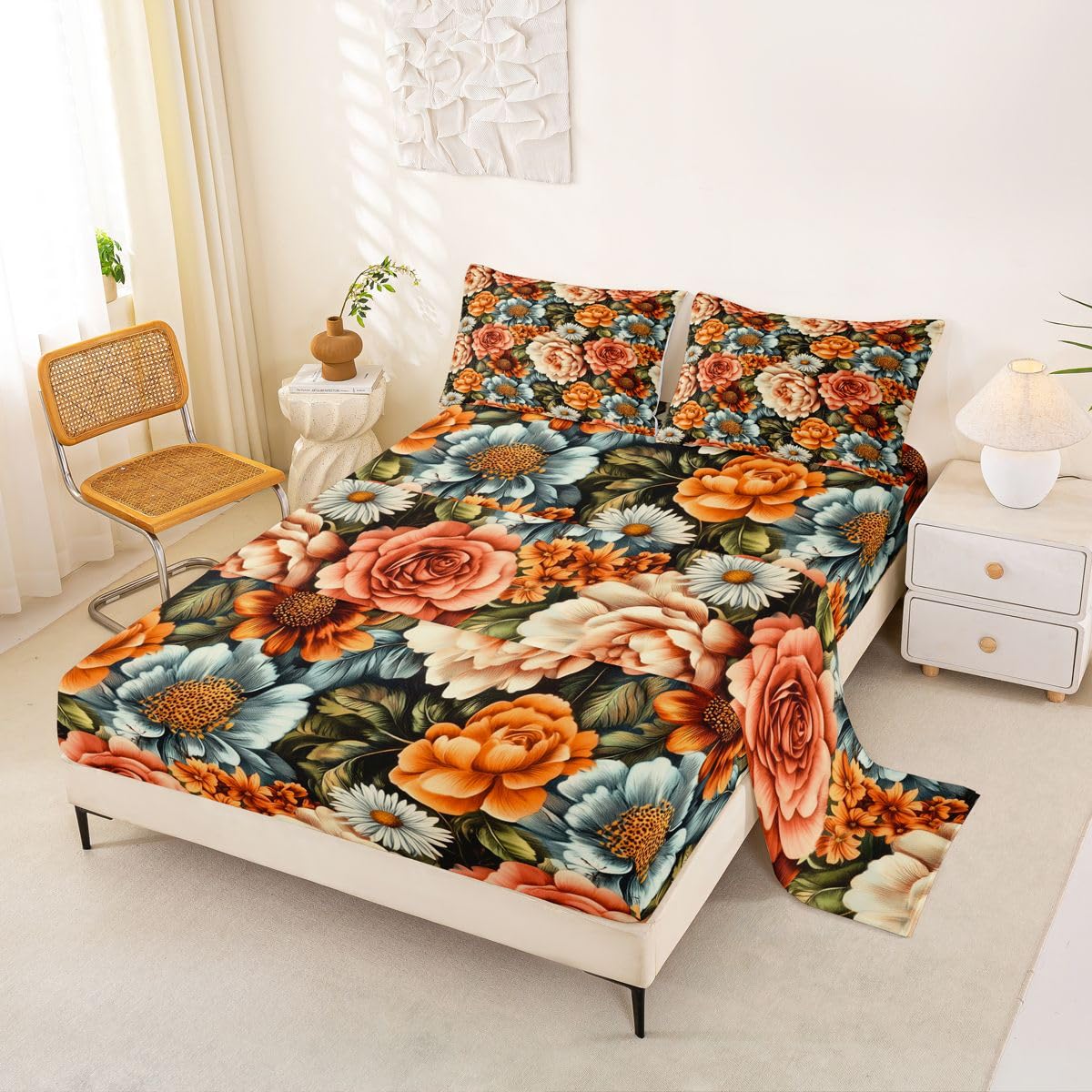 Homewish Groovy - Juego de sábanas para cama de matrimonio, diseño floral hippie, estilo hippie, 60 y 70, juego de ropa de cama hippie, 4 piezas