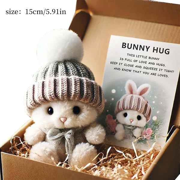 Mini Stofftier Häschen Mini Kuscheltier Hasens, Plüschhase Mit Strickmütze Und Bommel, Emotionaler Support Kuscheltier Mit Erhebender Karte Für Geburtstag Weihnachten Ostern Valentinstag (A) - 2
