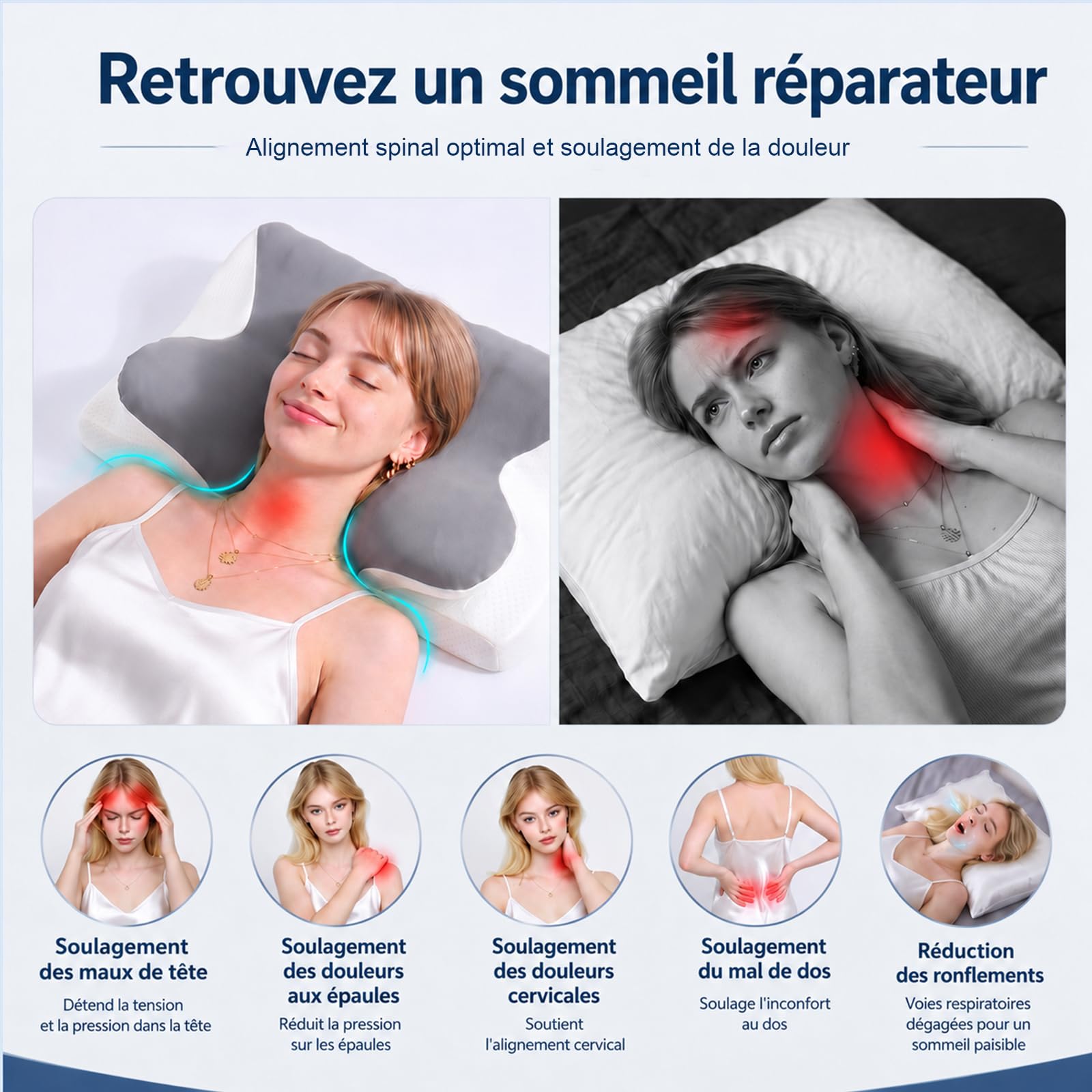 WAVVE Oreiller Cervical Ergonomique et Coussin Cervical pour Cervicales | Design Papillon à Double Hauteur 11/13 cm, Mousse à Mémoire de Forme Haute Densité