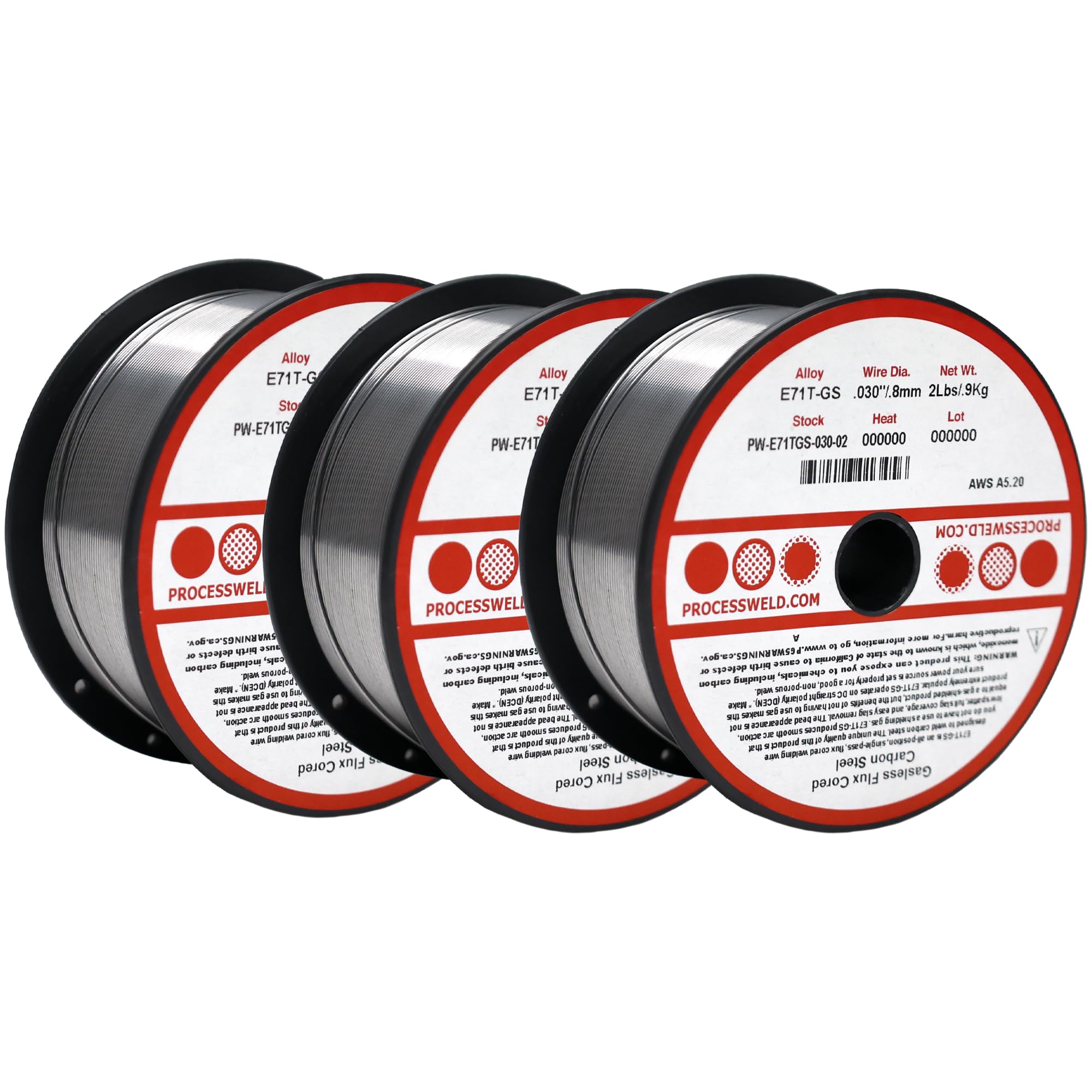 Process E71TGS X .030” X 2 LB X 3 PACK MIG/FCAW Gasless Flux Core Carbon Steel Welding Wire, All Position, Easy Slag Removal, Formulated to Provide