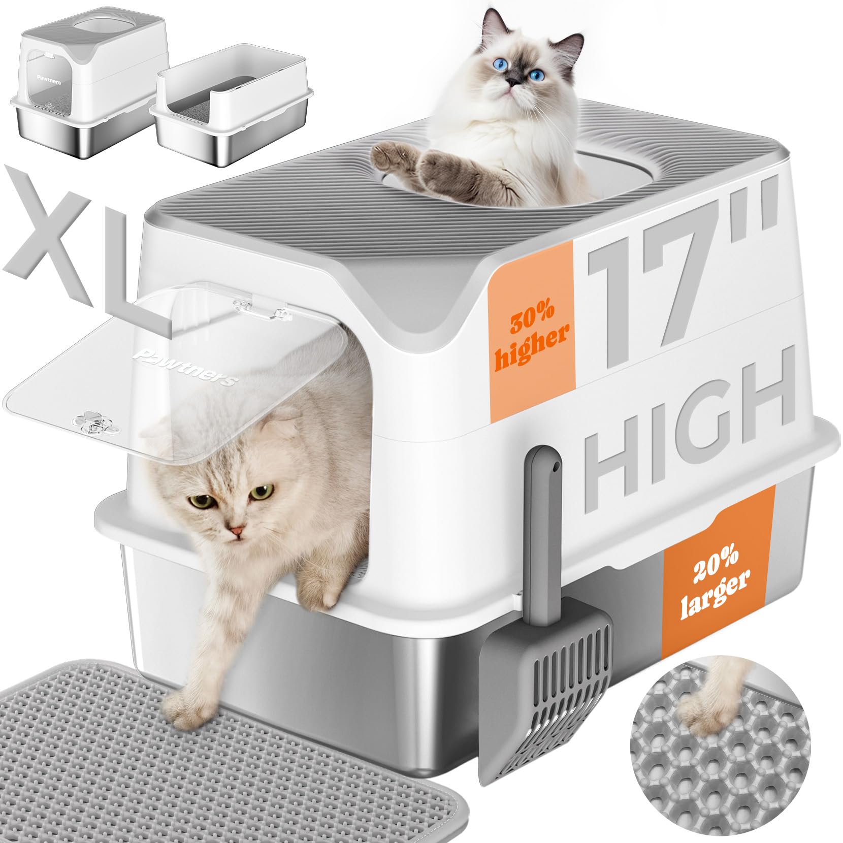 Pawtners Stainless Steel Cat Litter Box, XL Extra Large Kitty Litter Pan, Front Entry Top Exit Enclosed Metal Cat Toilet for Odor Control with Removable Lid & Scoop & Mat, Anti-Leakage, Easy to Clean