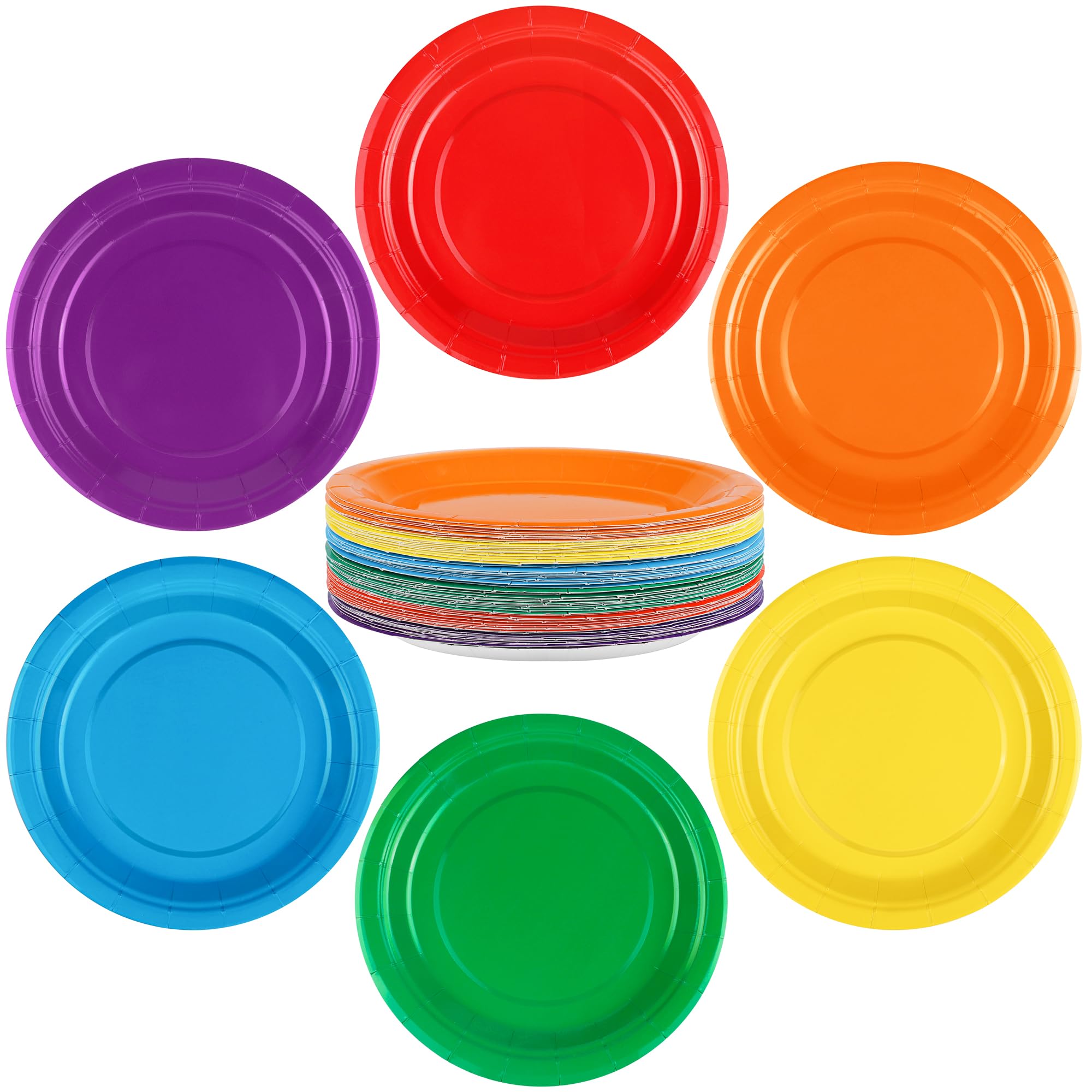 Breroa 72 Pieces Rainbow Paper Plates 7 Inch Bulk Paper Plates Disposable Round Dessert Plates Heavy Duty Solid Color Paper Plates Table Decors Party Supply for Birthday, Dinner, Wedding