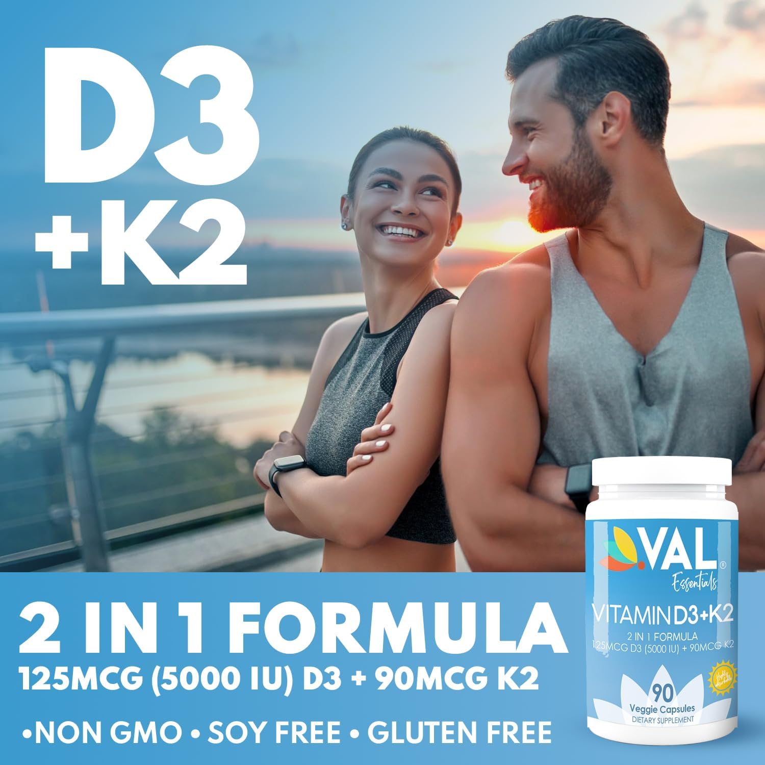 VAL Vitamin D3 + K2 (MK-7) 5000 IU & 90 mcg – Bone & Heart Health Support – High Potency, Non-GMO, Easy to Swallow – 90 Vegan Capsules – D3 K2 Supplement Made in USA - Image 4