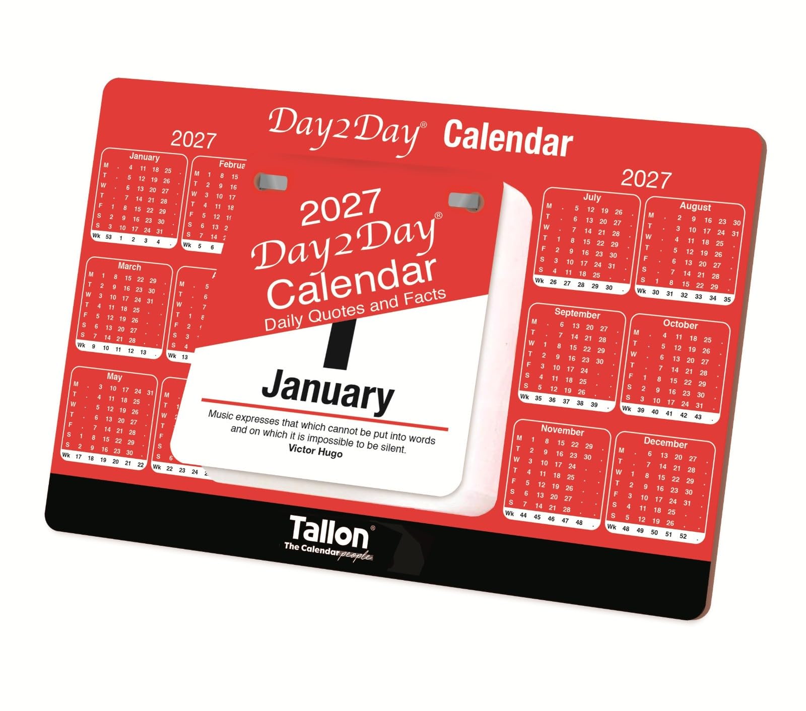 2027 Daily Tear-Off Desk Calendar – Day-to-Day Freestanding Desktop Organiser with Inspirational Quotes, Fun Facts & Week Numbers – Compact Day to View Table Calendar UK – Ideal for Office & Home