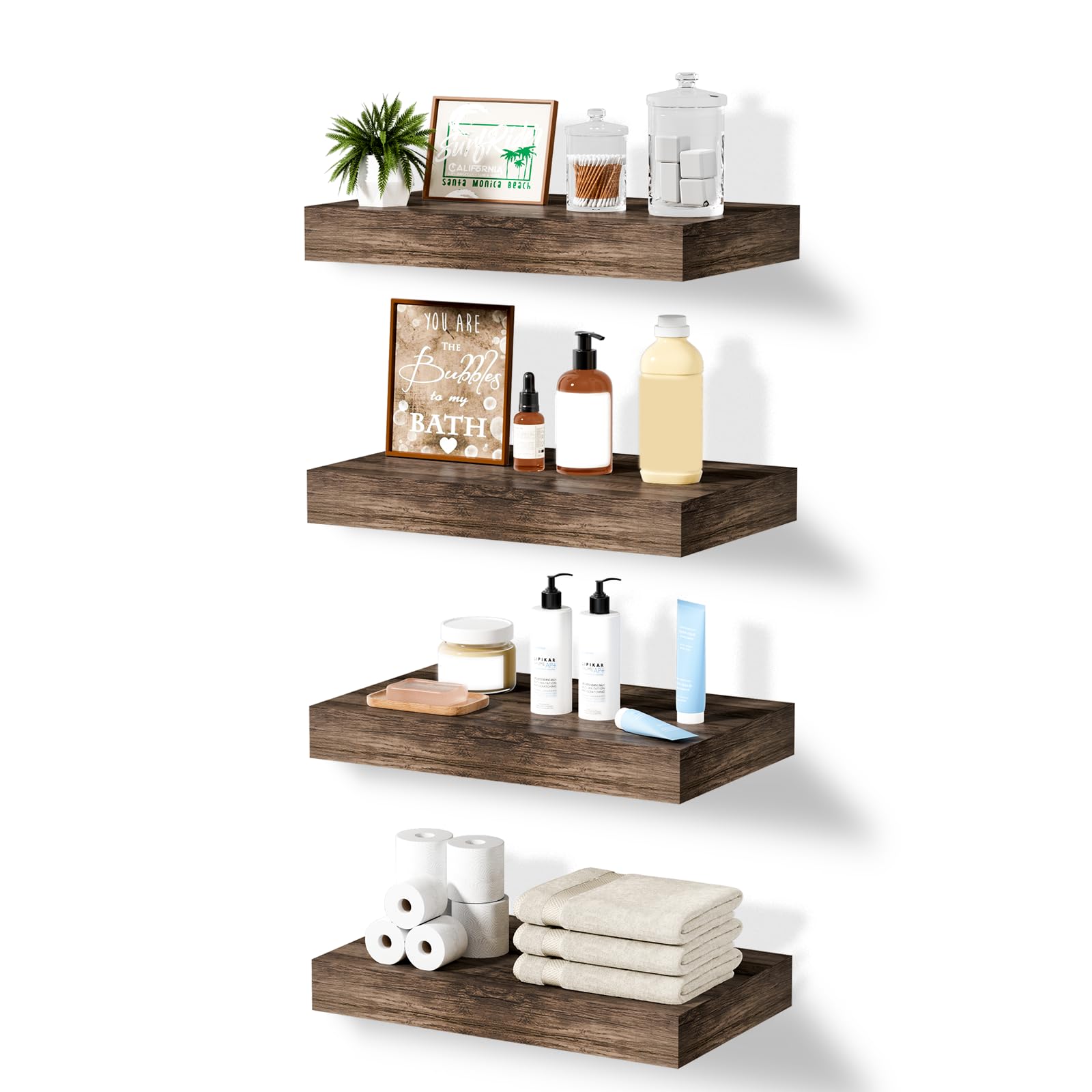 Mifurn Floating Shelves for Wall Bathroom Shelves, Modern Wood Wall Shelves, Book Shelf for Room, Space Saving Hanging Shelves for Wall Mounted Shelves, 12x7x1.5 in(Smoke Gray, Set of 4)