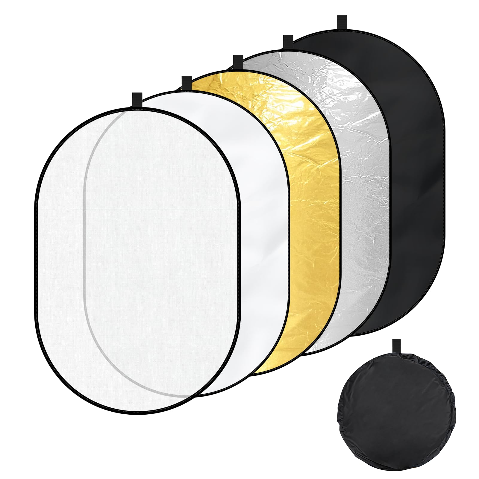 Qoolfoto 40"x60"/100x150cm Oval Photography Light Reflector with Bag, 5-in-1 Collapsible Multi Disc Diffuser - Gold, Silver, Black, White, Translucent